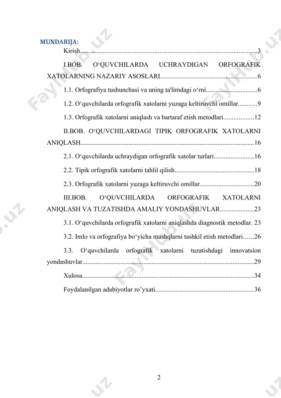 qlash va ularni tuzatish, o‘qituvchilarning eng asosiy vazifalaridan biri hisoblanadi. o‘zbekiston respublikasi prezidenti shavkat mirziyoyev 2017-yil 10-noyabrda o‘tkazilgan "o‘zbekistonning kelajagi – bu, albatta, yoshlar!" mavzusidagi yig‘ilishda ta'lim sifatini oshirish, til va madaniyatni saqlash va rivojlantirish borasidagi muhim masalalarni ta'kidlab o‘tgan edi. prezidentning so‘zlariga ko‘ra, "yoshlarni vatanparvarlik ruhida tarbiyalashda, ular o‘z tilini, adabiyotini, tarixini chuqur o‘rganishlari, o‘z ona tilida mukammal ifodalay olishlari lozim." shuningdek, u orfografik va grammatika xatolarini kamaytirish, yoshlarning ona tili bo‘yicha bilimlarini yaxshilashni vazifa sifatida belgilab o‘tgan. ushbu kurs ishining dolzarbligi ham shundan kelib chiqadi. o‘quvchilarda uchraydigan orfografik xatolarni aniqlash va tahlil qilish bugungi kunda muhim ilmiy va amaliy masalaga aylanib bormoqda. orfografik xatolarni aniqlash nafaqat til o‘rganishning asosi, balki o‘quvchilarning til madaniyatini shakllantirishga qaratilgan muhim jarayon hisoblanadi. xatolarni aniqlash va ularni bartaraf etish orqali o‘quvchilarni tilni to‘g‘ri ishlatish va ifodalash ko‘nikmalarini oshirish mumkin. tadqiqot ob’ekti va predmeti tadqiqotning ob’ekti o‘quvchilarda uchraydigan orfografik xatolar bo‘lib, predmeti esa bu …
