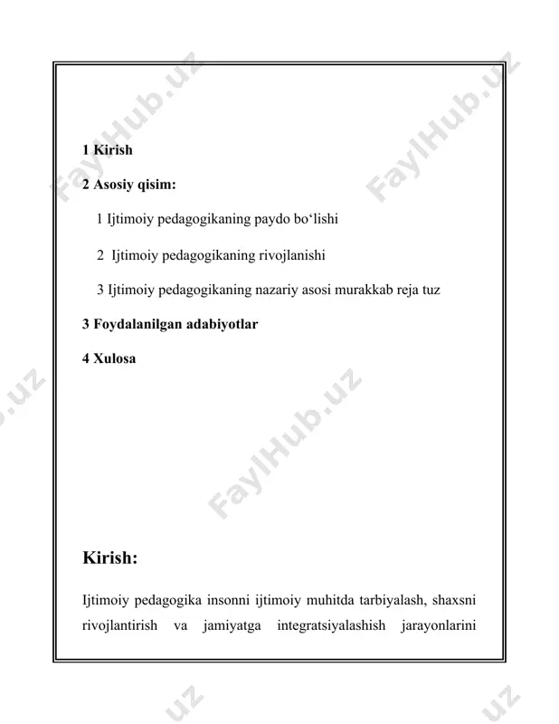 inib, uning jamiyat taraqqiyotidagi o‘rni va ahamiyati tahlil etiladi. 1. ijtimoiy pedagogikaning paydo bo‘lishi ijtimoiy pedagogika - bu ta'lim va tarbiyaning ijtimoiy jihatlarini o‘rganadigan fan sohasi bo‘lib, uning paydo bo‘lishi va rivojlanishi uzoq tarixiy jarayonlar natijasi hisoblanadi. ijtimoiy pedagogika g‘oyalari qadim zamonlardan boshlab turli jamiyatlarda mavjud bo‘lgan va ularning rivojlanishi turli davrlarda turlicha kechgan. ijtimoiy pedagogikaning ilk tamoyillari qadimgi yevropa, xususan, grek va rim jamiyatlarida ko‘rish mumkin. bu davrlarda platon va arastu kabi buyuk faylasuflar ta'lim va tarbiyaning ijtimoiy ahamiyatini tan olgan va bu borada asosiy g‘oyalarni ilgari surganlar. platonga ko‘ra, jamiyatni boshqarish uchun aql-zakovatli rahbarlarni tayyorlash zarur, va bu ish ijtimoiy pedagogika orqali amalga oshirilishi lozim edi. arastu esa ta'lim berish jarayonida shaxsning ijtimoiy rolini aniqlash va jamiyatga foydali a'zo etib yetishtirish lozimligini ta'kidlagan. o‘rta asrlarda yevropada xristianlikning keng tarqalishi bilan birga ijtimoiy pedagogikaning rivojlanishida cherkovning ahamiyati katta bo‘lgan. cherkov ijtimoiy qadriyatlarni shakllantirish va tarqatishda muhim rol o‘ynagan. bu …