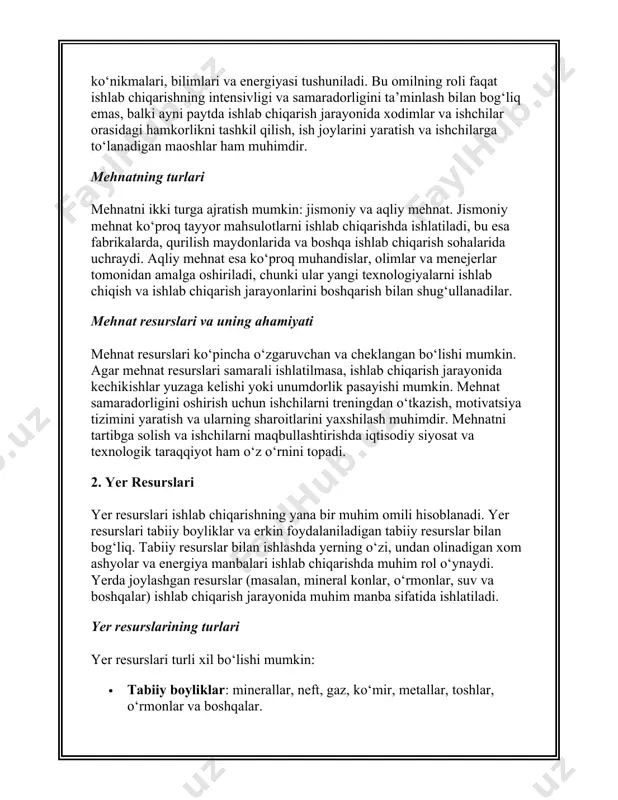 radorligi kapital ishlab chiqarish jarayonining samaradorligini oshiradi. yaxshi asbob-uskunalar va zamonaviy texnologiyalar yordamida ishlab chiqarish jarayonining samaradorligini oshirish mumkin. yangi texnologiyalar ishlab chiqarishni yanada samarali va arzon qilishga imkon beradi. masalan, kompyuter texnologiyalarining rivojlanishi ishlab chiqarishning turli sohalarida yangi imkoniyatlar yaratdi. kapitalni samarali ishlatish ishlab chiqarish jarayonining tezligini va sifatini yaxshilaydi. kapitalga investitsiya qilish orqali ishlab chiqarish resurslarini yangilash, yangi mahsulotlar yaratish va xizmatlar taqdim etish mumkin. kapitalning hajmi va sifati ishlab chiqarishning o‘sish sur’atlarini belgilaydi. kapital va investitsiya kapitalga investitsiya qilish o‘sishning asosiy manbalaridan biri hisoblanadi. kapitalga investitsiya qilish orqali ishlab chiqarish resurslarini yangilash va kengaytirish mumkin. investitsiyalar ishlab chiqarish jarayonini modernizatsiya qilish, yangi texnologiyalarni joriy etish va bozor ehtiyojlariga mos mahsulotlar ishlab chiqarishni osonlashtiradi. 4. tashkiliy resurslar (tashkilot va menejment) tashkiliy resurslar ishlab chiqarishning samaradorligini oshirish uchun zarur bo‘lgan boshqaruv va tashkilotchilik tizimlarini o‘z ichiga oladi. ishlab chiqarish jarayoni faqatgina mehnat, kapital va yer resurslarini to‘g‘ri tashkil etish …
