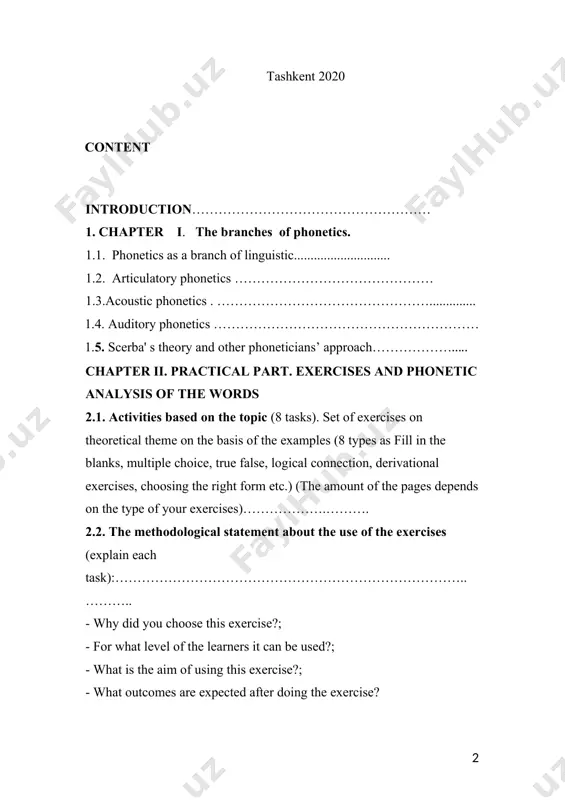 or diphthong, long or short); - characteristics of consonants (labial, bilabial, dental, plosive, fricative etc.) - define the name and type of reduction; 3. conclusion ……..……………………………………….. 4. references ……………………………………………. introduction phonetics is an crucial segment of linguistics that studies the characteristic of speech sounds and provides methods for their narration, classification, and imitation. it is concerned with narrating the speech sounds that are happy in the language of the world. this is a system in linguistics which vocation with the imitation of sounds. these units are called phonemes. phonetics is the scientific study of speech sounds, that is described and categorizing human sounds, understanding the creation of sounds, comparing and contrasting sounds diagonally language. finding constraints and restriction of possible human speech. in oral speech grammar and vocabulary as language aspects are expressed in sounds. the modification of words and their combination into sentences are first of all phonetic phenomena. …