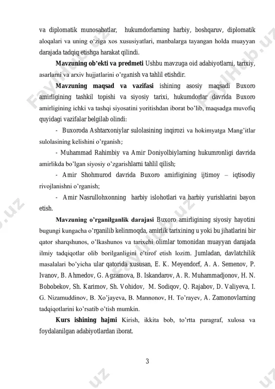 ’rganilib kelinmoqda, amirlik tarixining u yoki bu jihatlarini bir qator sharqshunos, o’lkashunos va tarixchi olimlar tomonidan muayyan darajada ilmiy tadqiqotlar olib borilganligini e’tirof etish lozim. jumladan, davlatchilik masalalari bo’yicha ular qatorida xususan, e. k. meyendorf, a. a. semenov, p. ivanov, b. ahmedov, g. agzamova, b. iskandarov, a. r. muhammadjonov, h. n. bobobekov, sh. karimov, sh. vohidov, m. sodiqov, q. rajabov, d. valiyeva, i. g. nizamuddinov, b. xo’jayeva, b. mannonov, h. to’rayev, a. zamonovlarning tadqiqotlarini ko’rsatib o’tish mumkin. kurs ishining hajmi kirish, ikkita bob, to’rtta paragraf, xulosa va foydalanilgan adabiyotlardan iborat. 4 i – bob. buxoro amirligining tashkil topish davridagi ijtimoiy – siyosiy vaziyat. 1.1 ashtarxoniylar inqirozi va mang’itlar hokimyatga kelishi buxoro xonligida ashtarxoniylar sulolasi boshqaruvining zaiflashuvi yangi sulolaning hokimiyat tepasiga kelishiga zamin yaratdi. albatta, bu tanazzulning ichki va tashqi omillari mavjud edi. dastlab ichki omillarni tahlil qilib ko‘rsak. xviii asrdan boshlab xonlikda chuqur inqiroz holati kuzatildi. abulfayzxonning davlatni boshqarishdagi no‘noqlik …