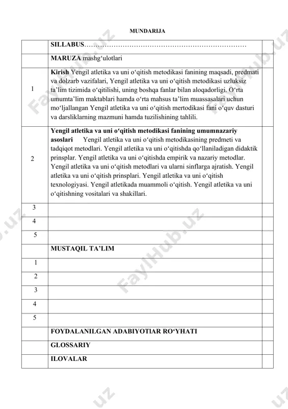 kasini o‘rgatish metodikasi; uloqtirish turlari texnikasini o‘rgatish metodikasi, ko‘p kurash turlari texnikasini o‘rgatish metodikasi bo‘yicha ko‘nikmalarga ega bo‘lishi tn3 yengil atletika bo‘yicha o‘quv ishlarini tashkil qilish, rejalashtirish va hisobini yuritish; еngil atletika bo‘yicha sport inshootlari, jihozlari va ularni ishlatish to‘g‘risida malakalarga ega bo‘lishi kerak. 1. fan / modul mazmuni mashg‘ulotlar shakli: ma’ruza (m) v-semestr dars soat 1. 1-mavzu. yengil atletika va uni o‘qitish metodikasi fanining maqsadi va vazifalari hamda rivojlanish tarixi. yengil atletika bo‘limlari va ularning turkumlanishi fanining maqsadi va vazifalari, fanning o‘quv rejadagi boshqa fanlar bilan o‘zaro bog‘liqligi va uslubiy jihatdan uzviyligi, yengil atletika sport turining tavsifi va tasnifi, yengil atletika sport turining paydo bo‘lish tarixi, yengil atletikaning rivojlanish bosqichlari, jahon mamlakatlarida yengil atletikaning rivojlanishi. o‘zbekiston hududida yengil atletikaning rivojlanishi, mustaqil o‘zbekiston yengil atletikachilarining mamlakat va xalqaro miqyosidagi musobaqalardagi ishtirokining qiyosiy tahlili, xalqaro rasmiy musobaqalar (olimpiada o‘yinlari, jahon chempionati, yevropa, osiyo, jahon kubogi, kontinental hududiy jamoa chempionatlari yoki o‘yinlari …