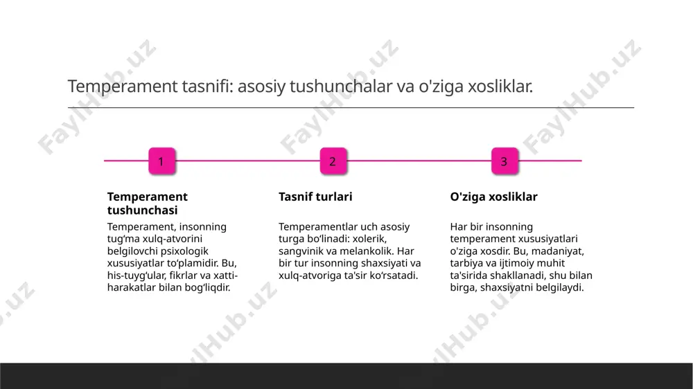 r va hissiyotlarni o'ziga xos tarzda belgilaydi. o'zbek madaniyatida temperamentning o'ziga xos jihatlari. o'zbek temperamentlari madaniy ta'sirlar xulq-atvor xususiyatlari o'zbek madaniyatida temperament tasniflari an'anaviy va zamonaviy elementlarni birlashtiradi, shaxsiyatni o'ziga xos tarzda ko'rsatadi. o'zbek xalqining urf-odatlari va an'analari temperamentga kuchli ta'sir ko'rsatadi, shaxsiyatning ijtimoiy va madaniy kontekstini belgilaydi. o'zbek insonlari ko'pincha mehmondo'stlik, sabr-toqat va ijodkorlik kabi temperamentga xos jihatlarni namoyon etadilar, bu esa ularning shaxsiyatini boyitadi. o'zbek xalqi va temperament: an'analar va zamon. 1 o'zbek temperamenti - o'zbek xalqining temperamenti, asosan, tarbiyaviy va madaniy omillarga bog'liq bo'lib, o'ziga xos xususiyatlar bilan ajralib turadi. 2 an'anaviy qadriyatlar - o'zbek an'analarida muhim o'rin egallovchi qadriyatlar, xulq-atvor va temperamentga ta'sir ko'rsatadi, masalan, mehmondo'stlik va samimiylik. 3 zamonaviy o'zgarishlar - hozirgi kunda o'zbek xalqining temperamentini zamonaviy ijtimoiy va iqtisodiy o'zgarishlar ham shakllantiradi, bu esa shaxsiyatni yangi kontekstda ko'rishga imkon beradi. o'zbek temperament tasniflari: tarixiy va zamonaviy aspektlar. 1 tarixiy asoslar o'zbek temperament tasniflari qadimiy …