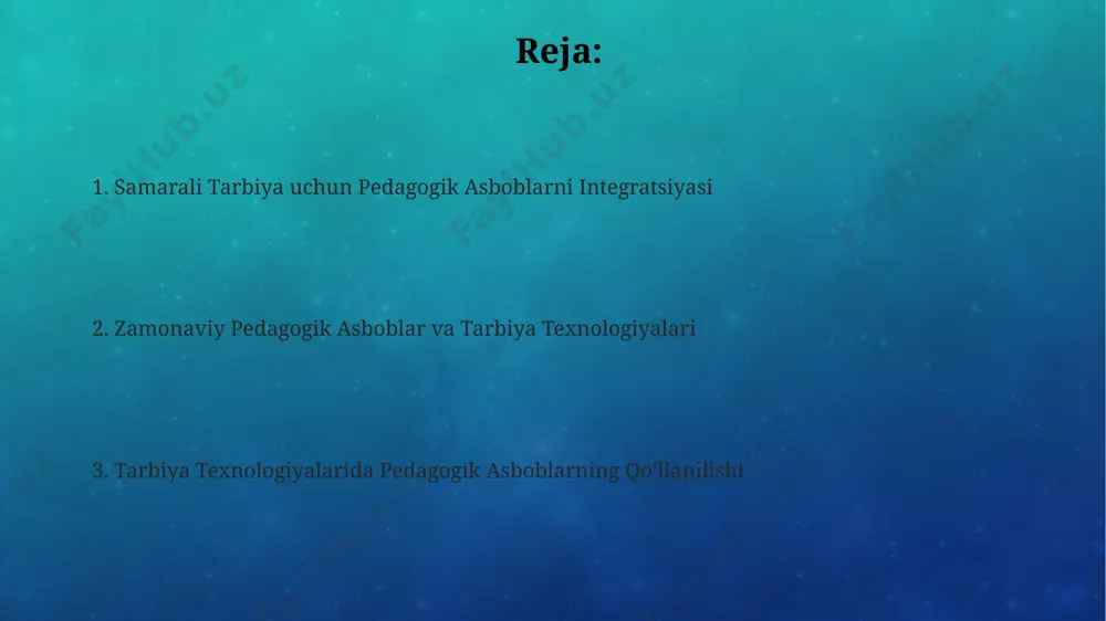 roliklarni qo'shish orqali darslarning jozibadorligini va tushunarliligini 40% ga oshiradi. samarali aloqa o'rnatish "samarali aloqa o'rnatish" modulini 4 ta bosqichda (ta'rif, misollar, amaliyot, baholash) o'tish orqali talabalarning ma'lumotlarni egallash darajasini 90% ga yetkazish mumkin. "samarali aloqa o'rnatish"da 5 ta asosiy muloqot uslubini o'rgatish, talabalarning 80% ga yaqinida ijobiy natijalarga olib keladi, bu esa o'zaro hurmat va ishonchni mustahkamlaydi. samarali muloqotni o'rgatishda, kamida 3 xil rollarning (masalan, tinglovchi, so'zlovchi, vositachi) simulyatsiyasi orqali amaliy mashg'ulotlar samaradorligini 2 barobar oshirish mumkin. tarbiya jarayonini baholash tarbiya jarayonining samaradorligini baholashda 3 bosqichli monitoring tizimi (boshlang‘ich, o‘rta va yakuniy) qo‘llanilishi tavsiya etiladi. samimiy muloqot va kuzatish orqali o‘quvchilarning 70% dan ortig‘i tarbiya jarayoniga faol jalb etilganini aniqlash mumkin. tarbiya jarayonini baholashda 5ta asosiy ko‘rsatkich: bilim darajasi, ko‘nikma hosil bo‘lishi, qiziqish darajasi, ijtimoiy faollik va axloqiy sifalarning rivojlanishi hisoblanadi. pedagogik asboblarning turlari pedagogik asboblarning 3 turi mavjud: interfaol o'quv dasturlari (masalan, 5 ta moduldan iborat), simulyatsiya o'yinlari …