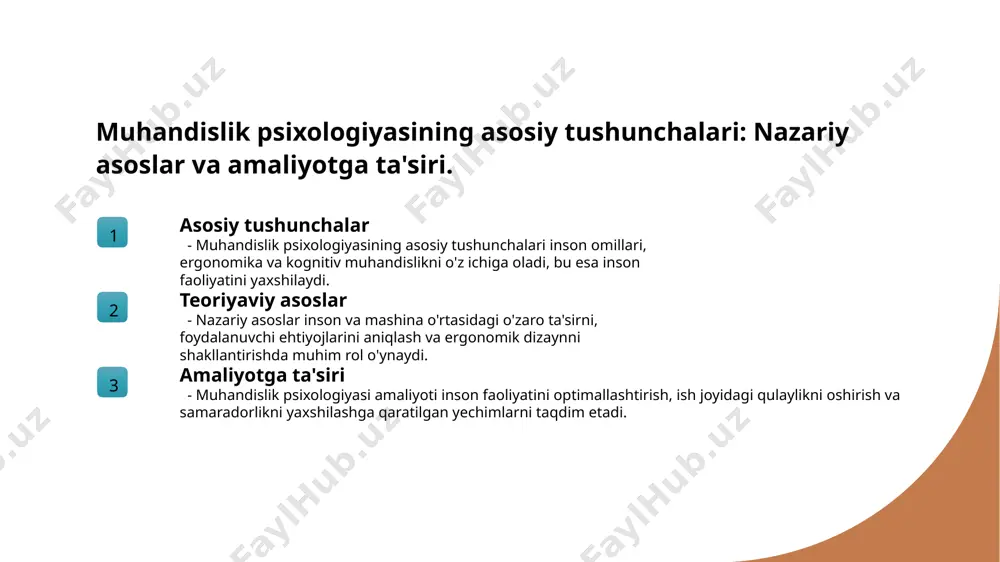lantirish - ergonomika bo'yicha o'qitish va rivojlantirish ishchilarni muammolarni aniqlash va hal qilishda yordam beradi. bu, ish joyida xavfsizlikni va samaradorlikni ta'minlaydi. kognitiv muhandislik: inson ongining imkoniyatlari va cheklovlari. 01 kognitiv muhandislik kognitiv muhandislik, insonning fikrlash jarayonlarini va qaror qabul qilishni o'rganish orqali muhandislik jarayonlarini yanada samarali qilishga qaratilgan. 02 ong imkoniyatlari inson ongining imkoniyatlari, masalan, tezkor fikrlash, muammolarni hal qilish va kreativlik, muhandislik dizaynida innovatsion yechimlar yaratishga yordam beradi. 03 ong cheklovlari insonning diqqatni jamlash, ma'lumotni qayta ishlash va xotira cheklovlari, muhandislik jarayonlarida xatoliklar va samaradorlikni pasaytirishi mumkin. 04 kognitiv strategiyalar kognitiv strategiyalar, masalan, vizualizatsiya va analogiya, muhandislik muammolarini hal etishda yordam beradi, bu esa insonning fikrlash jarayonlarini kuchaytiradi. foydalanuvchi tajribasini yaxshilash: kognitiv muhandislik yondashuvlari. foydalanuvchi ehtiyojlari foydalanuvchi interfeyslari foydalanuvchi fikrlash jarayoni kognitiv muhandislik yondashuvlari foydalanuvchilarning ehtiyojlarini aniqlashga qaratilgan. bu jarayonda foydalanuvchi xatti-harakatlari va maqsadlari tahlil qilinadi. yaxshi litsenziyalangan interfeyslar kognitiv muhandislik tamoyillariga asoslangan. foydalanuvchi tajribasini yaxshilash uchun intuitiv …