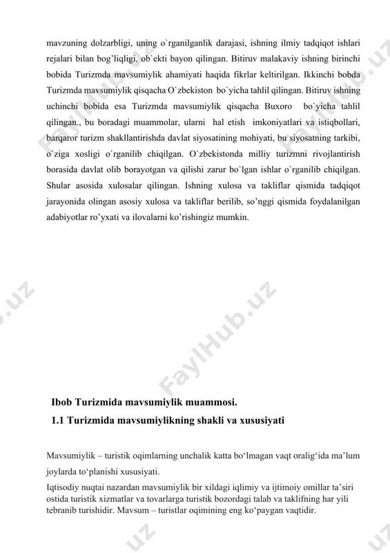 boradigan yo‘llarda transport vositalarining to‘planib qolishiga olib keladi, bunday holda xizmat ko‘rsatish qulayligi va sifati pasayadi, turizmga xizmat ko‘rsatuvchi transport, sanoat va qishloq xo‘jaligi korxonalarining ishidagi bir maromlilik buziladi. mavsumiylik dam olish joyiga boradigan yo‘llarda transport vositalarining to‘planib qolishiga olib keladi, bunday holda xizmat ko‘rsatish qulayligi va sifati pasayadi, turizmga xizmat ko‘rsatuvchi transport, sanoat va qishloq xo‘jaligi korxonalarining ishidagi bir maromlilik buziladi. turizmdagi mavsumiylikni belgilab beruvchi boshqa omil ta’tillardan an’anaviy yozda foydalanish hisoblanadi. ma’lumotlarga qaraganda, ikkita yoz oyi mobaynida (iyul, avgust) evropa bo‘ylab xorijiy turistlar umumiy sonining taxminan yarmi sayohat qiladi. avgust oyida frantsiyada ishlovchilarning 80% ta’tilda bo‘ladi. mavsumiylikning umumiy strukturasi hozirda ancha aniq belgilab olingan. 1 va 2-choraklardagi oylarga turizmi rivojlangan mamlakatlarda butun yuklanma (nagruzka)larning 2/3 qismi to‘g‘ri keladi. 1.2mavsumiylikning turizmni rivojlantirish va uning samaradorligiga ta’siri, rejalashtirishda uni hisobga olish iqtisodiy nuqtai nazardan mavsumiylik bir xildagi iqlimiy va ijtimoiy omillar ta’siri ostida turistik xizmatlar va tovarlarga turistik bozordagi talab …