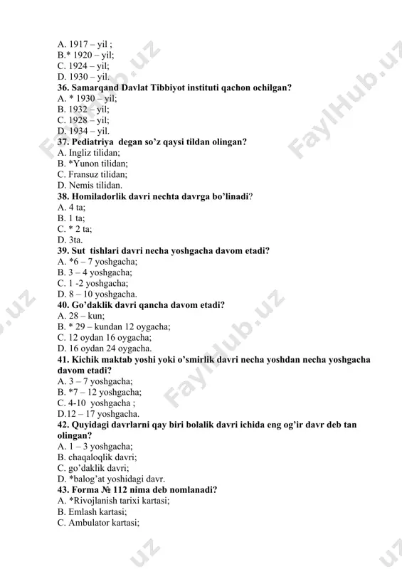 varishi obyekti nima? a. bemor ; b.*oila a`zolari; c. bola ; d. shifokor. 60.bolalarda hamshiralik parvarishining maqsadi nimaga qaratilgan? a. to’g’ri ovqatlantirish; b. kasallikni oldini olish; c.* sog’ligini tiklash; d. chiniqtirish. 61. katta liqildoqning o`lchami necha sm bo`ladi? a. 2x2,0 sm; b.*2x2.5 sm; c. 2x2.8 sm; d. 2x1.5 sm. 62. bolalarda dastlabki sut tishlari necha oydan chiqa boshlaydi? a. 8 oydan ; b.5 oydan ; c.*5-6oydan; d. 9 oydan . 63. necha yoshdan boshlab sut tishlari chiqishdan to`xtaydi? a.*2yoshdan ; b. 1.5yoshdan; c. 2.5 yoshdan; d. 4yoshdan . 64. bolalarni kichik jag` tishlari qaysi oydan chiqa boshlaydi? a. 8-9 oyda ; b.*9-12 oyda; c. 13oyda ; d. 7-8oyda. 65. d vitamin organizmda qayerda sintezlanadi? a. suyakda; b. jigarda ; c.*terida ; d. qonda. 66. bolalarda ter bezlari necha oylikdan ishlay boshlaydi ? a. 5-6oydan; b. 7-8oydan ; c. 12oydan; d.*3-4oydan. 67 . bola necha oylikdan boshlab mustaqil tik tura oladi? …
