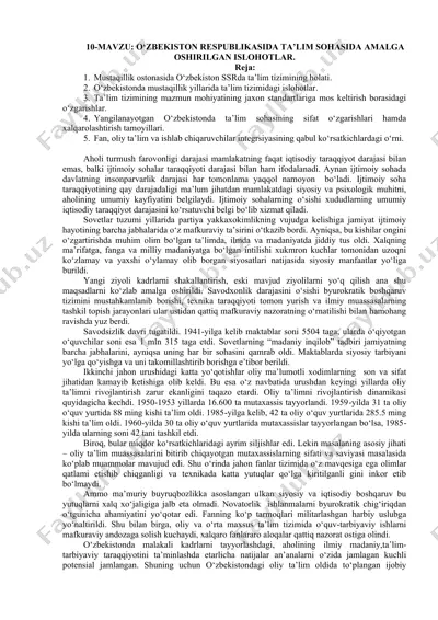 o‘zbekiston respublikasida ta’lim sohasida amalga oshirilgan islohotlar — DOCX