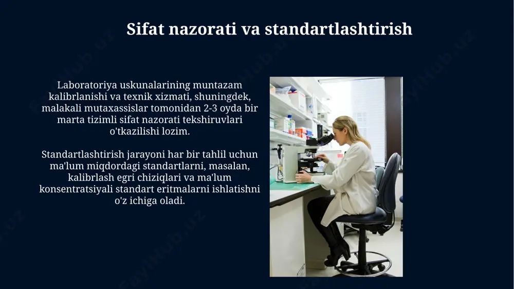 adi va yuqori sezuvchanlikka ega. immunofluoresensiya usuli, avtomatik analizatorlar bilan birgalikda, bir vaqtning o'zida bir nechta autoantitellarni aniqlash imkonini beradi, natijalarni 20 minut ichida olish mumkin. sitologik tekshiruvlar sitologik tekshiruvlar, hujayralarning mikroskopik tahlili orqali 100 dan ortiq turdagi kasalliklarni, jumladan, saraton va yallig'lanish kasalliklarini aniqlashda muhim rol o'ynaydi. sitologik namunalarni tayyorlash va tahlil qilish jarayoni maxsus texnikalar va bo'yoqlarni, masalan, papanikolau bo'yog'ini talab qiladi, bu esa aniq diagnostika natijalariga erishishga yordam beradi. e'tiboringiz uchun rahmat @taqdimot_robot image5.jpg image6.jpg image7.jpg image8.jpg image9.jpg image10.jpg image11.jpg image12.jpg image13.jpg image14.jpg image15.jpg image16.jpg image17.jpg image18.jpg image19.jpg image1.jpg