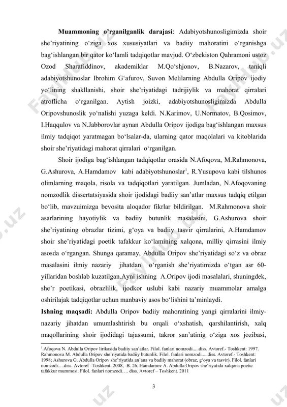 aramay, abdulla oripov she’riyatidagi so‘z va obraz masalasini ilmiy nazariy jihatdan o‘rganish she’riyatimizda o‘tgan asr 60-yillaridan boshlab kuzatilgan.ayni ishning a.oripov ijodi masalalari, shuningdek, she’r poetikasi, obrazlilik, ijodkor uslubi kabi nazariy muammolar amalga oshirilajak tadqiqotlar uchun manbaviy asos bo‘lishini ta’minlaydi. ishning maqsadi: abdulla oripov badiiy mahoratining yangi qirralarini ilmiy-nazariy jihatdan umumlashtirish bu orqali o‘xshatish, qarshilantirish, xalq maqollarining shoir ijodidagi tajassumi, takror san’atinig o‘ziga xos jozibasi, metaforalarning rang-barang ko‘rinishlarini tadqiq etish shoirning uslubiy o‘ziga xosligini ko‘rsatish ishimizning asosiy maqsadi hisoblanadi. abdulla oripov she’riyatida so‘z va obraz talqinini tadqiq etish she’riy asarlardagi badiiy latofat jozibalarini kuzatish, jumladan, so‘zning g‘oya va badiiy tasvir bilan uzviy aloqasini tekshirish, so‘zning ma’no va ohang tovlanishlarini ko‘rish, badiiy san’atlarning: о‘xshatish, qarshilantirish, maqollar, takror san’ati hamda metaforalarning shoir poetikasidagi o‘rni va ahamiyatini belgilash she’riyatimiz taraqqiyotida qo‘shgan o’lkan hissasini belgilash imkonini beradi. tadqiqot vazifalari: tadqiqot ishi maqsadidan kelib chiqib quyidagi vazifalarni yoritish va amalga oshirish nazarda tutildi: 1. so‘zning abdulla …