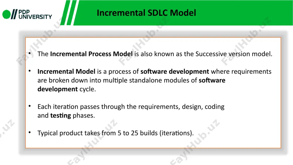 different versions starting with version 1, in each successive increment, the next version is constructed and then deployed at the customer site. in development and testing the product is checked and tested for the actual process of the model. implementation: in implementation after the last version (version n), it is now deployed at the client site. requirement process model types of incremental model staged delivery model parallel development model staged delivery model construction of only one part of the project at a time. parallel development model different subsystems are developed at the same time. it can decrease the calendar time needed for the development, i.e. ttm (time to market) if enough resources are available. when to use the incremental process model funding schedule, risk, program complexity, or need for early realization of benefits. when requirements are known up-front. when projects have lengthy development schedules. when to use the incremental process …