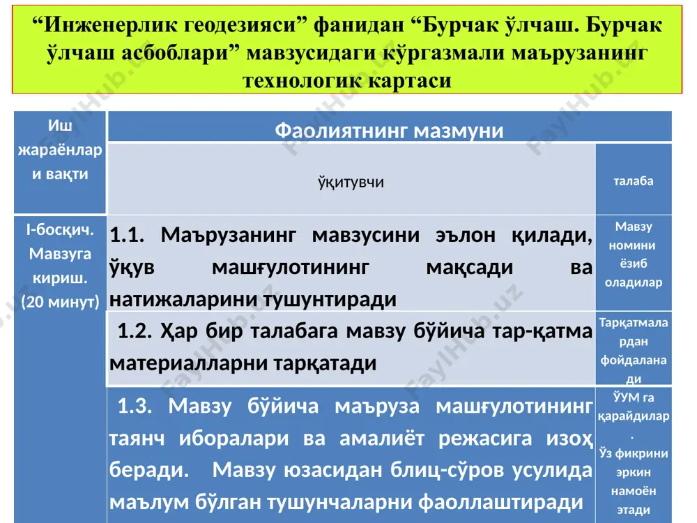 , 2т5 техникавий теодолитлар т30 (4т30, 2тз0п), т10э электрон тахеометри тс-600, тм-500 ўрта квадратик хато, 0,5 2-5 10-30 0,3 трубанинг катталаштириши, карра 40 30 20 32 / 26 цилиндрик адилак бўлагининг қиймати /2мм 10/ 15/ 45/ - визирлашнинг энг кичик масофаси,м 5 2 2 2,2 компенсатор чегараси, мин /± 8 /±15 /±20 ±15 визир чизиғини горизонтал ҳолатга келиш аниқлиги, с / 0,2 / 0,5 / 1,0 0,2 теодолитлар тузилиши, аниқлиги ва бошқа хусусиятлари жиҳатидан бир неча хил бўлади. лимбнинг тагликка бириктирилишига қараб - оддий ва такрорий теодолитларга бўлинади. оддий теодолитлар - лимб тагликка айланмайдиган қилиб бириктирилган. такрорий теодолитлар - лимб тагликка айланадиган қилиб бириктирилади, бу теодолитлар билан аниқроқ ўлчаш мумкин. шунинг учун кўпроқ такрорий теодолитлар ишлаб чиқарилмоқда. теодолитлар лимби шишадан ёки металлдан ишлаб чиқилади. шиша лимбли теодолитлар - оптик теодолитлар дейилади. металл лимбли теодолитга нисбатан ихчам, енгил ва ишлатилиши осондир. кейинги йилларда кўпроқ оптик теодолитлар ишлаб чиқарилмоқда. 10 теодолит нуқтага …