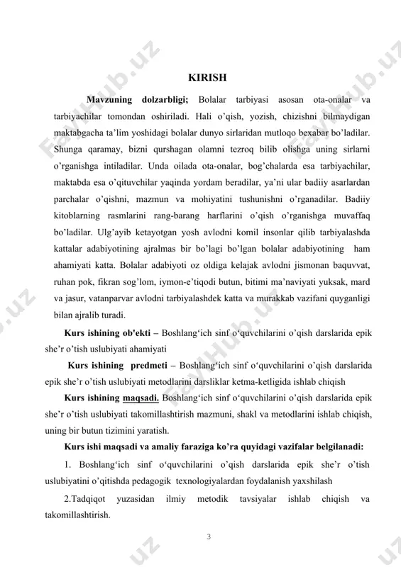 ta, ularning har biridan ulug’ maqsadlar ko’zlangan. chunki sh’er ham, avvalo, badiiy adabiyotdir. adabiyotni o’z mohiyatiga ko’ra jo’shqin daryoga qiyos qilsa bo’ladi. daryo suvlaridan dalalar, dov-daraxtlar gullab-yashnasa, adabiyot inson qalbiga ezgulik urug’ini sepadi, uni hayotda to’g’ri yashashga, ulug’ maqsadlar yo’lida kurashishga o’rgatadi. daryo irmoqlardan vujudga keladi. adabiyotimiz irmoqlari esa adiblarimiz yaratgan asarlardan iborat. daryolarning sersuvligi, hayqirib oqishi irmoqlar suviga bog’liq bo’lgani singari, adabiyotning jo’shqinligi, kurashchanligi – hayotda tutgan o’rni undagi asarlarning sifatiga qarab belgilanadi. shunga ko’ra adabiyot ta’limi o‘z oldiga bir qator maqsadlarni qo‘yadi. umumiy o‘rta ta’lim maktablaridagi adabiy ta’lim asosan sof ilmiy maqsadlarni emas, balki ma’naviyaxloqiy yo‘nalishlar ustuvorligini ko‘zda tutadi. ular orasida eng muhimlari quyidagilar: · o‘quvchilarning yosh xususiyatlarini e’tiborga olgan holda, milliy va jahon adabiyotining eng munosib namunalari bilan tanishtirish asosida ularning qalbida vatanparvarlik, ezgulik, insonparvarlik singari yuksak insoniy fazilatlarga nisbatan rag‘bat, mehr va muhabbat uyg‘otish; · ularni fuqarolik va vatanparvarlik ruhida, adabiyotga, milliy, madaniy-ma’rifiy qadriyatlarga nisbatan hurmat …