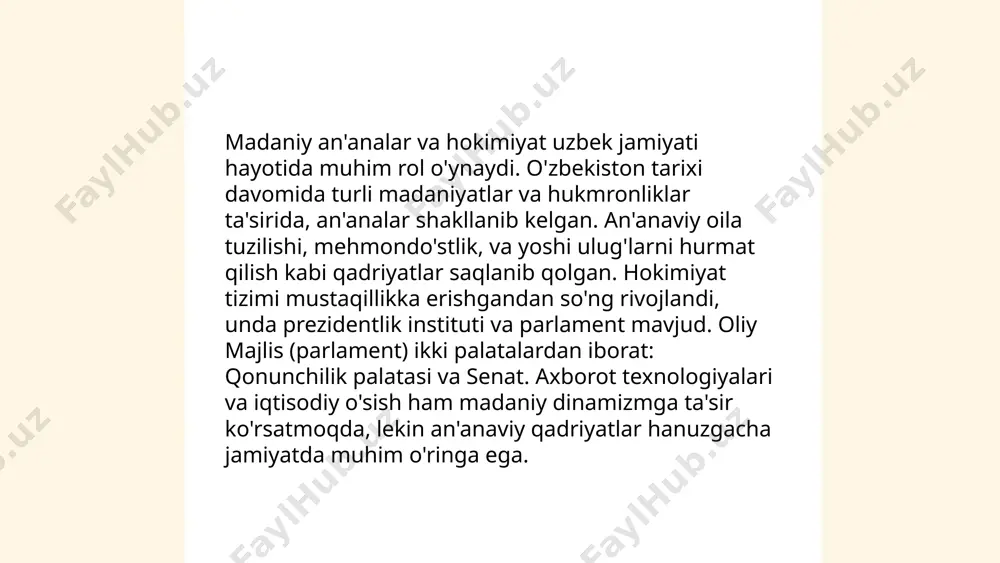 elitalar, ziyolilar va iqtisodiy kuchga ega bo'lganlar hisoblanadi. misol uchun, iqtisodiy elita milliy boylikning taxminan 70-80 foizidan foyda ko'radi. ushbu guruhlar siyosatni shakllantirishda muhim rol o'ynaydi. ular bilan solishtirilganda, umumiy aholining ijtimoiy-siyosiy qarorlar qabul qilishdagi ishtiroki juda kam. hokimiyat taqsimotida tengsizlik darajasi yuqori bo'lib, ko'pincha ijtimoiy adolat muammosini keltirib chiqaradi. ... t.me/slaydai_bot madaniyat siyosiy hokimiyatni shakllantirishda muhim omil sifatida qaraladi. bu jamiyatda qadriyatlar, an’analar va dunyoqarashni belgilaydi. madaniyat fuqarolik jamiyati institutlari, siyosiy partiyalar va harakatlarning rivojlanishiga ta'sir ko‘rsatadi. masalan, turli madaniy guruhlarning mavjudligi siyosiy plüralizmni rag‘batlantiradi. shuningdek, madaniyat hokimiyat organlari faoliyatiga ta'sir ko‘rsatib, ularda ochiqlik va oshkoralik tamoyillarini qo‘llab-quvvatlashi mumkin. 2010-yilda toshkentda o‘tkazilgan tadqiqot natijalariga ko‘ra, 75% respondentlar madaniyatning siyosiy qarorlar qabul qilish jarayonidagi rolini muhim deb baholaganlar. madaniyat siyosiy munosabatlarga ishonch va barqarorlikni ta’minlashda asosiy rol o‘ynaydi. ... t.me/slaydai_bot 13. hokimiyat va kommunikatsiya madaniyati hokimiyat va kommunikasiyaga oid madaniyatning rivojlanishi ko‘plab jamiyatlar uchun muhimdir. o‘zbekiston hokimiyat strukturalarida kommunikatsiya madaniyatini …