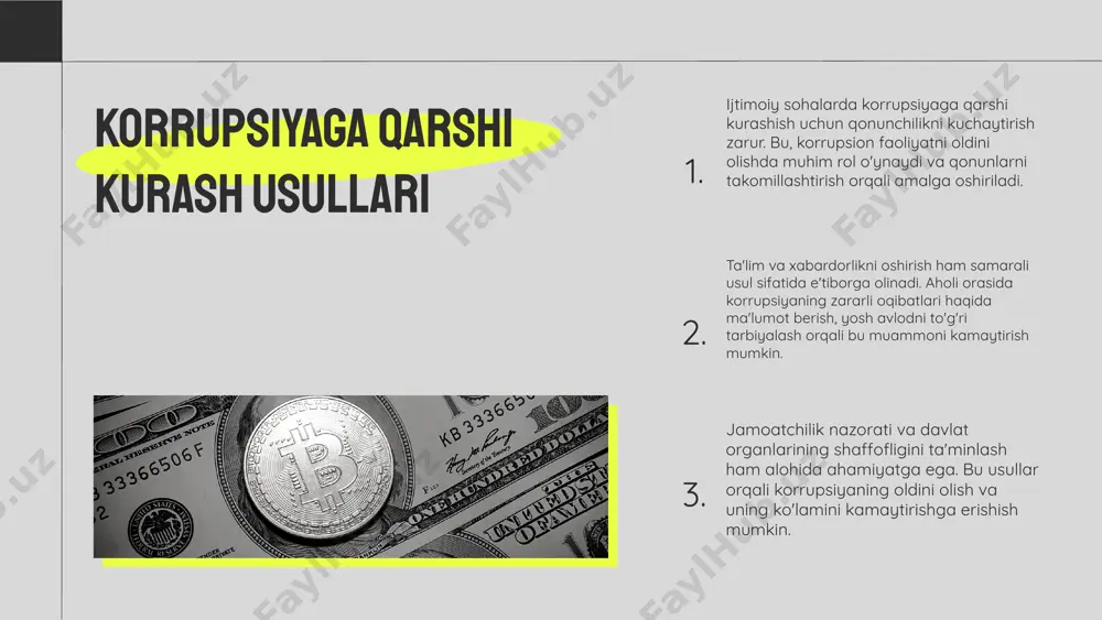 ichik resurslar mavjudligi mahalliy hamjamiyatlar bilan hamkorlik korrupsiya tarqalishi tadbirkorlik va ijtimoiy mas'uliyatni oshirish orqali, tadbirkorlar jamoatchilik manfaatlarini hisobga olishni ta'minlashlari mumkin. bu, iqtisodiy barqarorlik va ijtimoiy ishonchni mustahkamlashga yordam beradi. kichik resurslar va cheklangan moliyaviy imkoniyatlar, ijtimoiy ongni oshirish jarayonining samaradorligini pasaytirishi mumkin. bu o'z navbatida, ijtimoiy ongni oshirishga qaratilgan chora-tadbirlarni amalga oshirishda qiyinchiliklar tug'dirishi mumkin. mahalliy hamjamiyatlar va tashkilotlar bilan hamkorlik qilish ijtimoiy ongni oshirishda muhim ahamiyatga ega. bu hamkorlik yangi dasturlar va loyihalarni amalga oshirish imkonini beradi, shuningdek, ijtimoiy masalalarga e'tibor qaratadi. korrupsiya tarqalishi ijtimoiy ongni oshirishga qaratilgan harakatlarga salbiy ta'sir ko'rsatishi mumkin. bu esa, ijtimoiy ishonchni pasaytiradi va tadbirlarning muvaffaqiyatini tahdid qiladi. s w o t korrupsiyaga qarshi kurashda ijtimoiy ongni oshirish strategiyalari ijtimoiy ongni oshirish uchun rejalashtirish va amalga oshirish jarayoni davlat va jamoat tashkilotlari o'rtasida hamkorlikni talab qiladi. fuqarolarni korrupsiyaga qarshi kurashda faol ishtirok etishga undash uchun turli platformalar va tadbirlar tashkil etilishi zarur. …