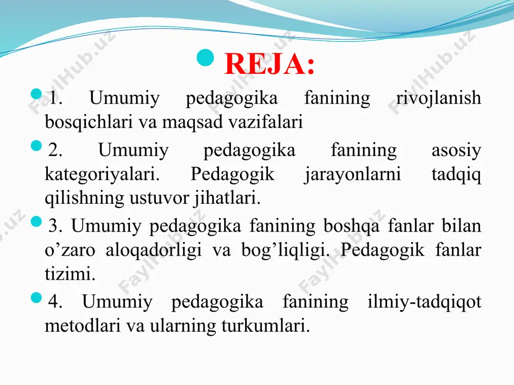 lar asosida boyitib borish va yangi ish shakllarini izlashga tadbirlar belgilash; - uzluksiz ta’lim tizimini yanada rivojlashtirish muammolarini xal kilish; - “kadrlar tayyorlash milliy dasturi” ni amalga oshirish. fanining vazifalari: - sharq va garbda xalq yaratgan xalq og’zaki ijodiyoti, pedagogikasi, mutafakkir, ma’rifatparvar, pedagog va olimlarning tarbiyashunoslikka doir ilg’or g’oyalarini o’rganib, tahlil qilib, komil insonni tarbiyalash jarayonini o’rganish; - komil insonni tarkib toptirishning qonuniyat, qoida va zaruriy sifatlarini aniqlash; - pedagogikadagi ta’lim-tarbiya nazariyasini hozirgi darv xususiy metodikasi bilan uzviylik muammolarini ishlab chiqish va yangi pedagogik texnologiya qonunlariga amal qilish; - ta’lim-tarbiya nazariyasidagi qoida, qonun, tamoyil, metod va usullarini maktab amaliy xayoti bilan bog’lab, bo’lajak o’qituvchilarga o’rgatish; - xalq ta’limini boshqarish va raxbarlik masalalarini chuqur o’rganib bo’lajak o’qituvchilarni qanday tayyorlash muammolarini hal qilish. shaxs-psixologik jihatdan taraqqiy etgan, shaxsiy xususiyatlari va xatti-harakatlari bilan boshqalardan ajralib turuvchi, muayyan xulq-atvor va dunyoqarashga ega bo’lgan jamiyat a’zosi tarbiya muayyan, aniq maqsad hamda ijtimoiy-tarixiy tajriba asosida yosh …
