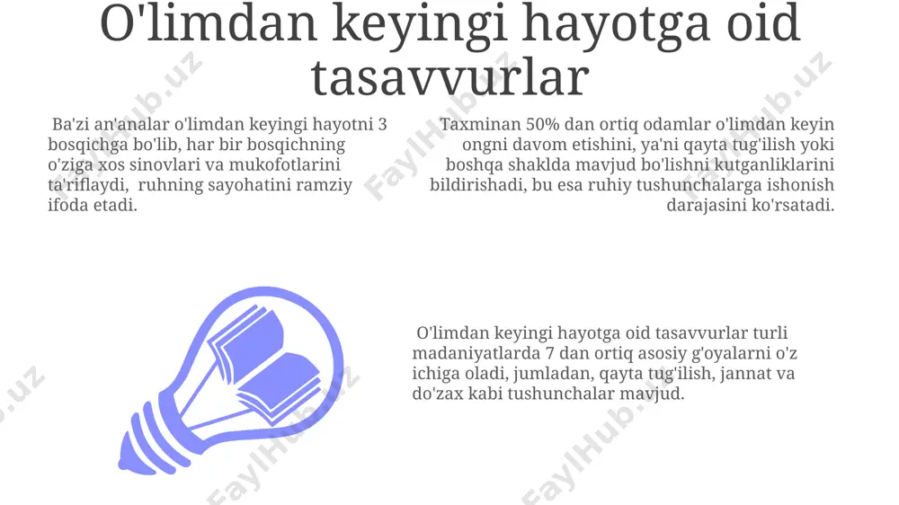 ham juda xilma-xil: 3 kundan 40 kungacha davom etadigan murakkab dafn marosimlaridan tortib, sodda krematsiya marosimlarigacha. o'lim bilan bog'liq marosimlar o'limdan keyingi 40 kunlik davrda marhumning qarindoshlari va yaqinlari uni yod etish uchun maxsus ziyofatlar tashkil qiladilar, bu davrda qur'on tilovat qilish va duo qilish odatiy holdir. qabr ustiga ko'pincha 7 yoki undan ortiq odam tomonidan tuproq sepiladi, bu esa marhumning oxiratga xayrlashuv ramzi hisoblanadi va marhumga rahmat aytish bilan yakunlanadi. marhumni dafn etishdan oldin, taxminan 3-7 kishilik guruh tomonidan tahorat olish va kafanlash marosimlari amalga oshiriladi, bu islom diniy marosimlarining muhim qismidir. o'lim va diniy e'tiqodlar xristianlikda o'limdan keyingi tirilish va oxirat haqidagi 10 ta asosiy amr, inson qalbining xudo oldidagi javobgarligini ta'kidlaydi va 3 qismdan iborat hukm kuniga ishora qiladi. ba'zi diniy mazhablarda, masalan, buddizmda, o'lim tug'ilishning yana bir bosqichi deb qaraladi, reinkarnatsiya tushunchasi 500 yildan ortiq davr mobaynida mavjud bo'lib kelmoqda. o'limdan keyingi hayotga bo'lgan 70% dan …