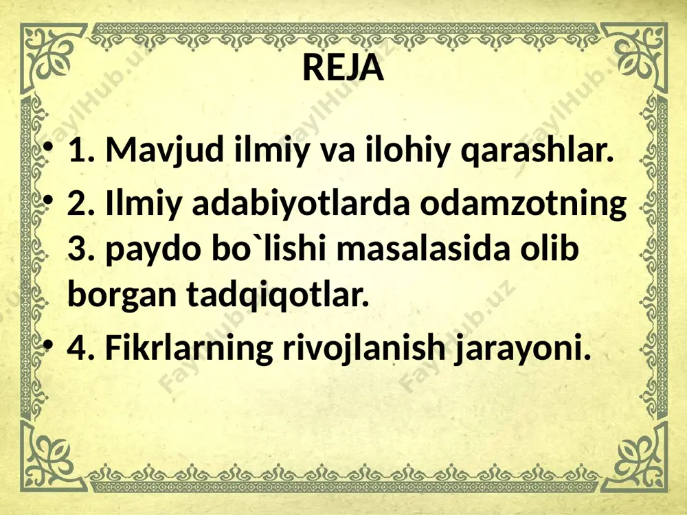 dan odamzot dunyosiga o'sib chiqdi, degan fikrni olg'a surgan. u hayvonot bilan odam o'rtasida "maymun" ni joylashtirdi. o'rta asrlarda bu masalada g'ayri diniy fikr bildirganlar olovga tashlandi. masalan faylasuf lyuchilo vaninining (italiya) takdiri shunday tugagan edi. shved olimi karl linney* odamzodning kelib chiqishini hayvon bilan bog'laydi, ammo u insondagi onglilik** ollohning karomati edi, deydi. xviii asrning oxirida jems manbodda birinchi bo`lib odamning eng oliy tipdagi odamsimon "maymun" dan tarqadi, degan g'oyani olg'a suradi. manboddaning zampndoshlari oliy tipdagi "maymun" sifatida orangutangni tushundilar. "maymun" larning odamga aylanishida mehnatning roli katta ekanligi ta'kidlandi. ammo ular orangutang mehnat qilsa harn undan hech qachon odam paydo bo'lmasligini tushunadilar. odamzodning eng oliy tipdagi maymunsimon ajdodlar bilan bog`liqligi haqida ilmiy g'oya charlz darvinga nasib etdi. ch.darvinning bunday xulosa kelishiga qadar ovrupada qator ilmiy kashfiyotlar qilingan edi. 1848 yilda ispaniyalik ishchilar gibraltar qoyasida portlatish vaqtida eng qadimgi odamning pastki jag'siz katta suyagini topdilar. 1956 yilda esa germaniyaning neandertal …