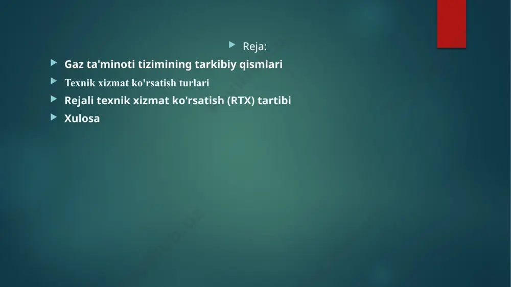 . profilaktik ta'mirlash-uskunalarning nosozliklarini oldini olish, ularning ishlash muddatini uzaytirish va samaradorligini oshirishga qaratilgan. favqulodda ta'mirlash-kutilmagan nosozliklar, avariyalar yoki shikastlanishlar yuzaga kelganda tezkor ravishda amalga oshiriladi. maqsad – xavfsizlikni tiklash va ta'minotni qisqa muddatda tiklash. mavsumiy xizmat ko'rsatish- asosan qish mavsumiga tayyorgarlik ko'rishni o'z ichiga oladi. bunda tizimning sovuq havo sharoitida ishlashga tayyorligi tekshiriladi va kerakli sozlashlar kiritiladi rejali texnik xizmat ko'rsatish (rtx) tartibi gaz quvurlarini vizual ko'rikdan o'tkazish-har oyda barcha gaz quvurlari tashqi shikastlanishlar, korroziya va boshqa vizual nosozliklar bor-yo'qligini tekshiriladi. gaz sizishini tekshirish- maxsus gaz sizishini aniqlovchi asboblar yordamida tizimning barcha ulanish joylari va quvurlar bo'ylab gaz sizishi bor-yo'qligi muntazam tekshiriladi gaz uskunalarining sozligini tekshirish- gaz analizatorlari yordamida gaz yonishining to'g'riligi, uskunaning samaradorligi va xavfsizligi tekshiriladi katod himoyasining samaradorligini o'lchash-quvurlarning yer osti korroziyasidan himoyasini ta'minlovchi katod himoya stansiyalarining potentsial darajasi o'lchanadi. bu ularning to'g'ri ishlashini kafolatlaydi. gaz uskunalarini hisobga olish priborlariga (gaz hisoblagichlar) xizmat ko'rsatish ko'rsatkichlarni yozib olish …
