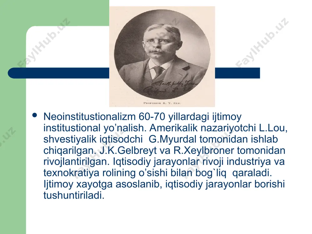 unga 1970y. nobel mukofoti laureati unvoni berilgan. bu asarda asosiy e’tibor ommaviy ishsizlik va inflyastiyani engish masalalariga qaratilgan. bu qarashlarda xozirgi yangi keynschilik va neoliberal g`oyalarning bir-biriga ta’siri (sintezi) ni ko’rish mumkin. umuman, xozirgi davrda barcha iqtisodiy g`oyalar o’rtasida (toboro yaqinlashuv va bir-biriga ta’siri) aralash g`oyalar kuzatilmoqda. xulosa. xx asrda vujudga kelgan va avvalgilaridan ko’ra ko’p soҳalarda farq qiladigan iqtisodiy bilimlar xozirgi zamon nazariyalari xisoblanadi. ularning muxim xususiyatlari shuki, xayot tajribasi asosida muxim yangi xulosalar va yangi takliflar yuzaga keldi. masalan, o’z davrida faqat sof xoldagi tadqiqotlar xaqidagina gap borgan bo’lsa (erkin bozorda davlat roli deyarli yo’q, buyruqbozlik iqtisodiyotida ishlab chiqarish va istemol bo’yicha qarorlar davlat tomonidan qabul qilinadi), endilikda odatda "aralash iqtisodiyot" to’g`risida gap boradi va bozor munosabatlari saqlangan xolda davlat ҳam xo’jalikka turli yo’llar va sabablarga ko’ra aralashadi. endigi nazariy xulosalar xayotga tobora yaqinlashib bormoqda. xozirgi zamon iqtisodiy bilimlarida uch asosiy yo’nalish (yangi klassik, keynschilik va institustional) yaqqol …