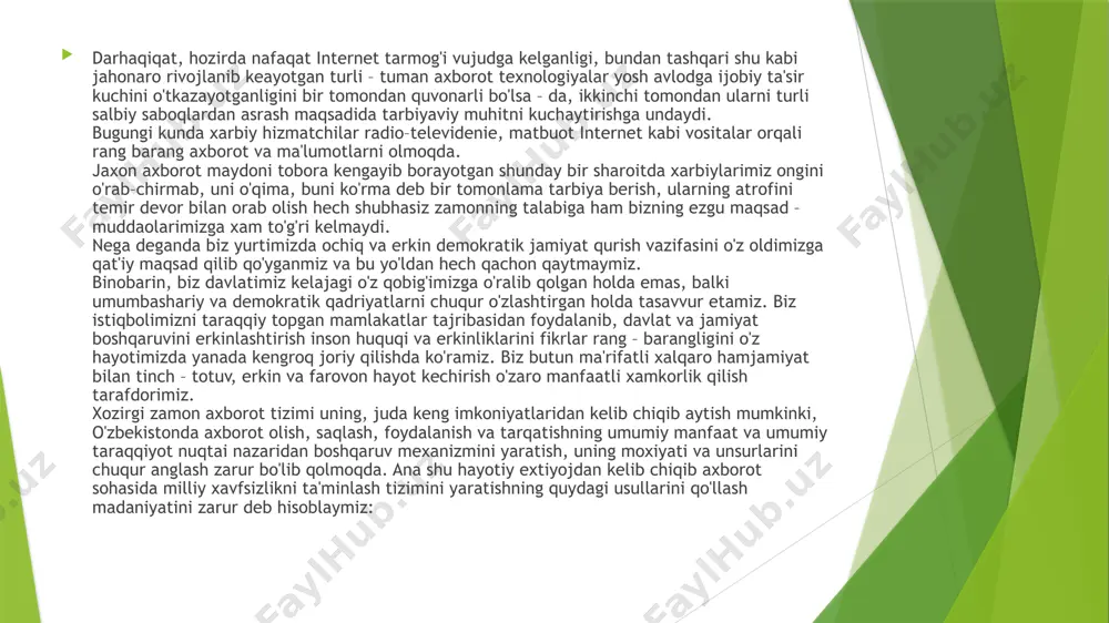 va buzg'unchi g'oyalar tasirida kelib chiqishi mumkin bo'lgan nizolar manbalarini o'rganib borish, bu borada aniq hisob – kitoblarga tahliliy yechimlarga ega bo'lish. uchinchidan, siyosiy konfiktologiya va siyosiy psixologiya. axborot psixologik xavf avj olayotgan bir paytda, turli buzg'unchi g'oyalar inson ongi va tafakkuriga o'z ta'sirini o'tkazayotgan bir sharoitda siyosiy mojorolar kelib chiqish mumkin bo'lgan manbalarni o'rganish, omillarini aniqlash hamda siyosiy qarashlari, ruhiyati, ijtimoiy – siyosiy psixologik izchil ravishda o'rganib borilmog'i lozim. to'rtinchidan, mantiqiy tizimiy va funktsional tahlil. axborot tizimi, xususan, axborot psixologik ta'sir axborot siyosati tizimi va vositasining muxim qismi sifatida baxolashi lozim. voqelikka ana shu tarzda yondashib, ilmiy – taxliliy nazariy va amaliy xulosalar chiqarish kerak. tig'iz axborotlashgan jamiyatda axborot oqimi ta'sirida shakillanayotgan ijtimoiy fikr fan nuqtai nazaridan izchil o'rganilmog'i lozim. beshinchidan, axborot tizimida milliy istiqlol g'oyasining ustuvorligi. har qanday fuqoro axborot bazasidan “maxsulot” tanlash jarayonida uning qalbida, ruxiyatida, kayfiyatida, fe'l atvorida, bularning barchasining oqibati sifatidagi hatti – xarakati va …