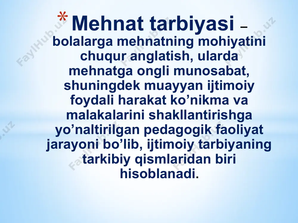 lalar ilk yoshdan boshlab mustaqil ovqatlanish, yuvinish , kiyinish, o’yinchoqlarni yig’ishtirib quyishga o’rgatiladi . o’z o’ziga xizmat qilish jarayonida bolalarda mustaqillik, ma’lum maqsad bilan harakat qilish kabi sifatlar shakllanadi. tabiatdagi mehnat. bolalarning har tomonlama rivojlanishida muhim ahamiyatga ega bo’lib , o’simlik va hayvonlar , yil fasllari, jonsiz tabiat to’g’risidagi bilimlar manbai, bolalarda mehnatsevarlikni tabiatga ehtiyotkorona munosabatlarni tarbiyalashda muhim sanaladi. mehnat qurollari bilan tanishtirish ham tabiatdagi mehnat bilan bog’liq tarzda olib boriladi. xo’jalik maishiy mehnat bolalar bog’chasida va oilada olib boriladi . uning mazmuni har xil bo’ladi: xona va bog’cha maydonchasini yig’ishtirish, choy idishlarni, idish tovoqlarni yig’ishtirish, qo’g’irchoq kiyimlarini, mayda narsalarni yuvish, mashg’ulotlarga kerakli materialarni tayyorlab quyish, mashg’ulotdan keyin stol ustidagi narsalarni yig’ishtirib quyish. e’tiboringiz uchun rahmat. image2.jpeg image3.jpeg image4.jpeg image5.jpeg image6.jpeg image7.jpeg image1.jpeg /docprops/thumbnail.jpeg