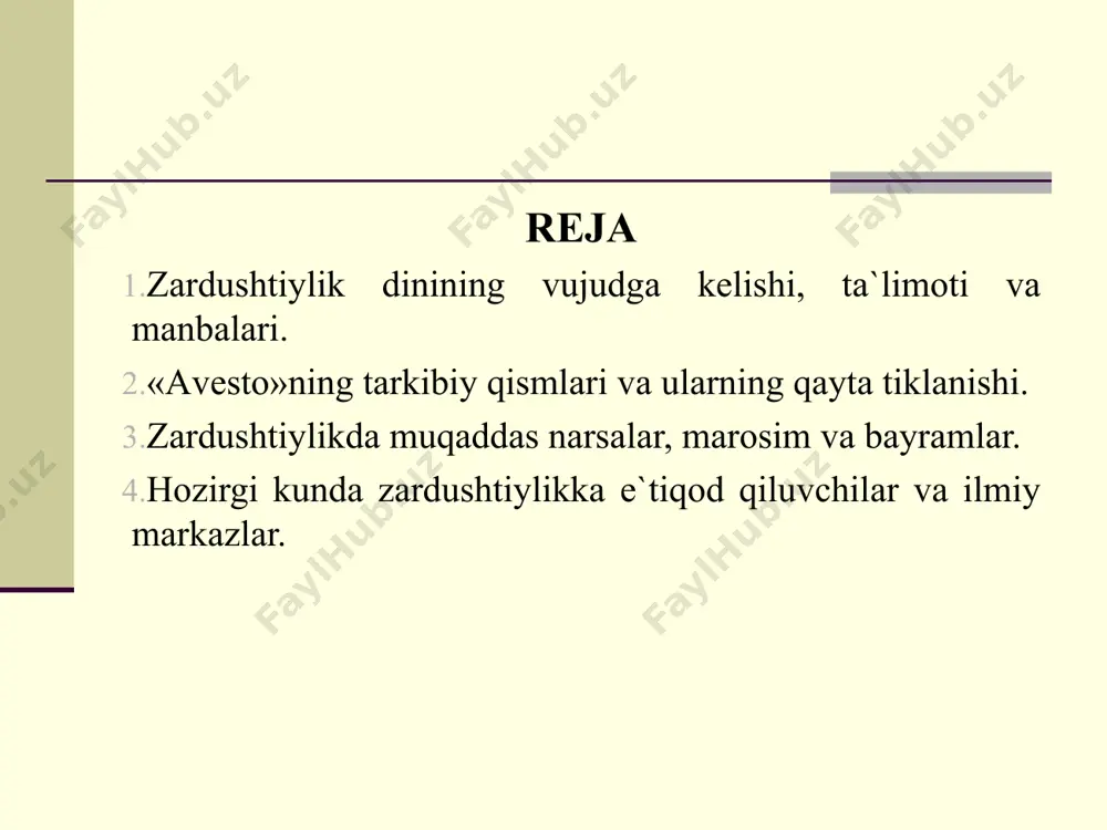 orazm birinchi bo’lib zardushtiylik muqaddas olovi «atarxurra» yoqilgan va axuramazda zardusht bilan bog’langan joy hisoblanadi. zardushtiylikning asosiy manbasi hisoblangan avеstoda: «birinchi bor muqaddas olov «atarxurra» «eran-vеj» (ba`zi manbalarda «ayrian vеdja»)da yoqildi» dеyiladi. «eran-vеj»ning gеografik va iqlimiy tavsifi xorazmnikiga to’g’ri kеladi. «avesto»da «mazdayasna» dini deb atalgan. bu so‘zni «mazdaga sig‘inmoq» deb tarjima qilish mumkin. mazda so‘zi «donish, donishmand, oqil» kabi talqin etiladi. zardushtiylik «behdin», ya’ni «eng yaxshi din» deb ulug‘langan. unga ko‘ra, barcha ezgu borliq mazdaning irodasi bilan yaratilgan deb e’tiqod qilingan. mazda so‘zi oldiga ulug‘lash so‘zi axura qo‘shilib, zardushtiylikning ilohi – ahuramazda nomi paydo bo‘lgan. bu qo‘shimcha so‘z «janob mazda» yoki «xudo mazda» demakdir. ezgulik xudosi - axuramazda avеstoning «yasht» qismida bayon etilishicha zardushtning vatandoshlari unga ishonmaydilar, va uning ta`limotini qabul qilmaydilar. zardusht vatanni tark etib, qo’shni davlatga kеtadi, u yеrning malikasi xutoasa va shoh vishtaspaning xayrixohligiga erishadi, ular zardusht ta`limotini qabul qiladilar. natijada qo’shni davlat bilan urush boshlanib, vishtaspa …