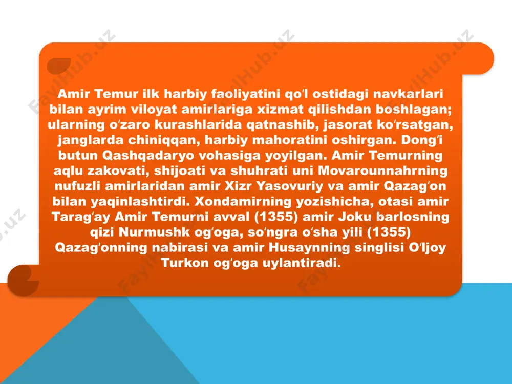 odat boʻlgan. shu maqsadda hindiston, sheroz, isfahon va damashqning mashhur ustahunarmandlari mamlakatda hashamdor imoratu inshootlar bino qilganlar. amir temur zabt etgan mamlakatlarning bir qator shaharlari (bagʻdod, darband, baylaqon)ni qayta tikladi. amir temur tabrizda masjid, sherozda saroy, bagʻdodda madrasa, turkistonda mashhur shayx ahmad yassaviy qabri ustiga maqbara qurdirgan boʻlsada, lekin asosiy eʼtiborini ona shahri kesh va poytaxti samarqandga qaratdi. amir temurning harbiy yurishlari, jangu jadallarining oqibatlariga baho berilar ekan, shuni alohida taʼkidlash kerakki, uning faoliyati qoʻyilgan maqsad va rejalari jihatidan ikki bosqichga boʻlinadi. birinchi bosqich (1360 — 1386)da amir temur movarounnahrda markazlashgan davlat tuzish yoʻlida kurashdi, movarounnahrni birlashtirishdan manfaatdor boʻlgan mahalliy zodagonlardan iborat ijtimoiy kuchlar (mulkdor dehqonlar, harbiylar, hunarmandlar, savdogarlar va ruhoniylar) yordamida tarqoq mulklarni birlashtirish uchun kurash olib bordi. amir temurning bu davrdagi faoliyati oʻrta osiyo xalqlarining ijtimoiy-iqtisodiy va madaniy hayoti taraqqiyoti yoʻlida shubhasiz ulkan ijobiy ahamiyat kasb etadi. image3.png image4.jpg image5.jpg image6.jpg image7.jpg live laugh love /docprops/thumbnail.jpeg