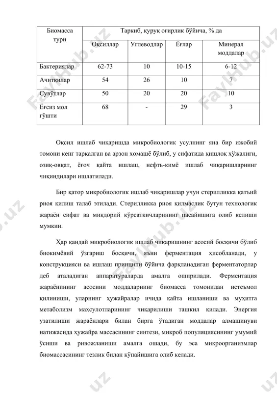 ҳамда қишлоқ хўжалиги, озиқ-овқат ва гидролиз ишлаб чиқаришларнинг чиқиндиларида минерал тузларни қўшиш орқали тайёрланади. микробиологик саноатида кенг қўлланиладиган меласса (лавлаги - шакар ишлаб чиқаришнинг чиқиндиси), маккажўхори экстракти, кепак, ачитқи автолизатлари, ёғоч гидролизатлари, шрота углеводлардан ташқари бошқа озиқа компонентлари, ҳамда макро- ва микроэлементларга ҳам бойдир. микроорганизмларнинг ферментаторлардаги культивирлаш жараёни қуйидаги фазаларда амалга ошади: суюқ (культурал суюқлик – углерод тутувчи субстратда эрувчи озиқа тузларининг манбаи); қаттиқ (ҳужайралар – биомасса продуцентлари) ва газсимон (газ – газсимон субстрат, масалан кислород манбаи). культуранинг кислород билан таъминланиши микроорганизмларнинг кислородга бўлган талаби турлича. у аэроб микроорганизмларнинг нафас олиш жараёнида қатнашади. уни ҳужайра массаси таркибига кирувчи субстрат компоненти сифатида кўриб чиқиш мумкин. кислороднинг истеъмол қилиниши нафас олиш жараёнида ҳужайра эҳтиёжлари учун сарфланадиган энергиянинг ҳосил бўлиши ҳамда маълум бир доимий фик (фойдали иш коэффициенти) билан кечадиган субстратнинг оксидланиши билан боғлиқ. кислород микроорганизмлар томонидан юқори тезлик билан истеъмол қилиниши сабабли (0,2х10-3 - 0,3 х 10-3 кг/(м3 . сек.)), у ферментация …