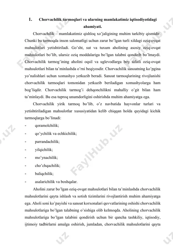 chorvachilik mahsulotlarini qayta ishlash tizimini rivojlantirish kerak. chorvachilik tarmog’ini jadal rivojlantirish, zamonaviy va innovatsion uslublarni joriy etish, mahsulotlar ishlab chiqarish hajmini oshirish va turlarini kengaytirish, shuningdek, aholini mahalliy sharoitda ishlab chiqarilgan sifatli va arzon chorvachilik mahsulotlari bilan uzluksiz ta’minlash hamda chorvachilikka ixtisoslashgan korxonalarni davlat tomonidan qo’llab-quvvatlashni yo’lga qo’yish muhim ahamiyatga ega. chorvachilik bilan shug’ullanuvchi tadbirkorlarning zamonaviy talablarga javob beradigan moddiy-texnika bazasini bosqichma-bosqich rivojlantirishga alohida e'tibor berish lozim. hozirgi vaqtda mamlakatimizda chorvachilik mahsulotlari asosan dehqon xo’jaliklarida yetishtirilmoqda. bu esa chorvachilik mahsulotlari yetishtirish jarayonini mexanizatsiyalashtirish, naslchilik ishlarini ilmiy asoslangan holda tashkil etish, ishlab chiqarilgan chorvachilik mahsulotlarini qayta ishlashni tashkil etish imkoniyatlarini cheklab qo’yadi. bu masalani hal etish uchun chorvachilik sohasiga ixtisoslashgan klasterlarni tashkil etish, fermer xo’jaliklarida ham chorvachilikni rivojlantirishga, bu jarayonga xorijiy investitsiyalarni jalb etishga e’tibor berish zarur. mamlakatimiz hukumati tomonidan chorvachilikni rivojlantirishga qaratilgan yirik dasturlar ishlab chiqilib, ularni amaliyotga tatbiq etish bo’yicha qator chora-tadbirlarni amalga oshirmoqda. masalan, shaxsiy yordamchi, dehqon va …