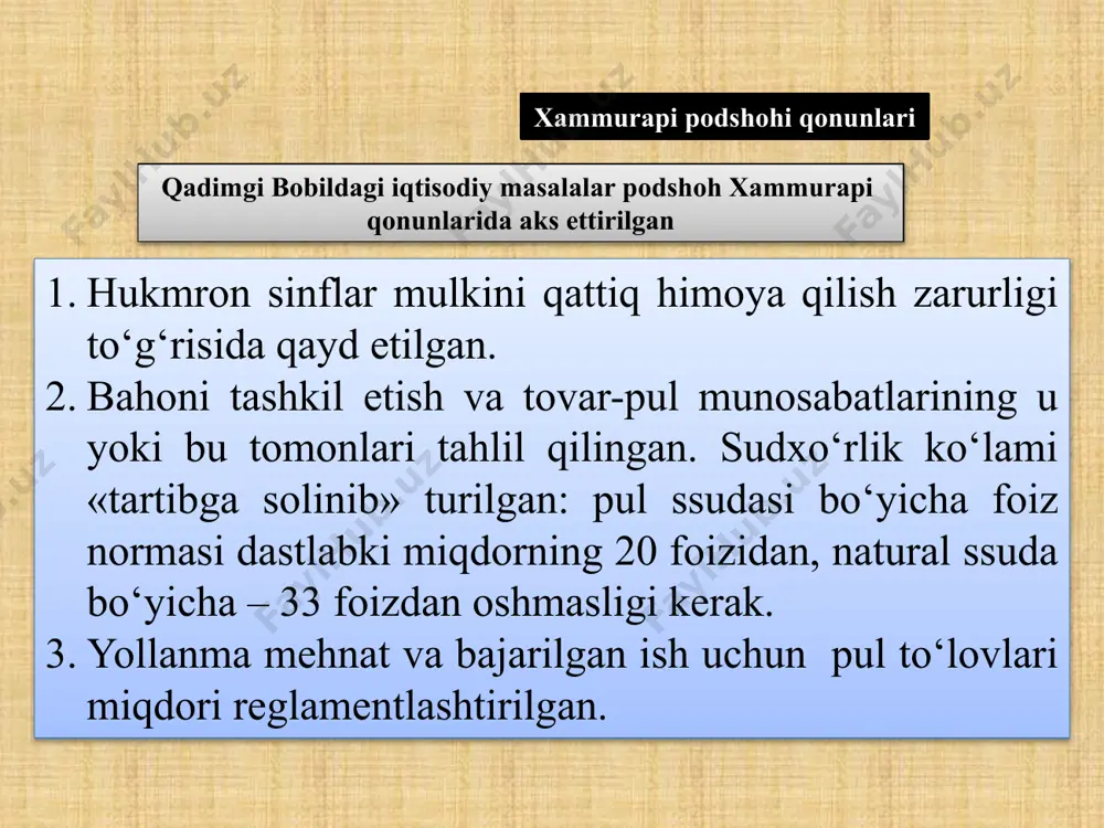lik hisoblanib, u chandragupta i podshohligi davrida podsho maslahatchisi kautile bishnugupta tomonidan yozilgan. “artxashastra” dagi asosiy g‘oyalar (m.a. iv asr) dehqon, hunarmand mehnati va savdo faoliyati davlat uchun boylik yaratadi; davlat bozor bahosini tartibga solib turishi lozim; sug‘orish tizimlarini qurish hosilning manbai hisoblanadi; davlat yangi mintaqalarni tashkil etish va odamlarni u yerlarga o‘rnashtirish ishlarini amalga oshirishi lozimligi ko‘rsatiladi; podshoh to‘rtta ilmni bilishi zarurligi, ularning biri iqtisodiyot ekani ta’kidlanadi; iqtisodiyot dehqonchilik, chorvachilik va savdo faoliyatlari tarzida ko‘rib chiqiladi; mamlakatda o‘z davridan kelib chiqib, qishloq xo‘jaligi, ayniqsa, dehqonchilik asosiy soha hisoblangan. qadimgi xitoydagi iqtisodiy qarashlar 1.5. qadimgi xitoydagi iqtisodiy qarashlar konfutsiy(miloddan avvalgi 551 y.) asosiy vakil va oqimlar men-szi (miloddan avvalgi 372-229 yy.) syun-szi (miloddan avvalgi 313-238 y.) legistlar (qonuniy) oqimi (miloddan avvalgi 351 yy.) guan-szi (miloddan avvalgi iv asr) “daosizm” (aynan yo’l) (miloddan avvalgi iv asr) patriarxal munosabatlarni reglamentlashtirish davlat tuzumini mustahkamlashga xizmat qiladi. davlat-bu katta oila, podsho esa “xalqlarning otasi” …