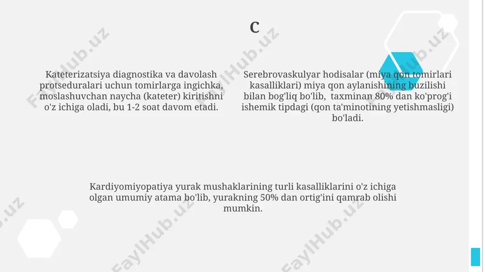 bosimi tashxisi qo'yiladi va bu yurak-qon tomir kasalliklari xavfini 2-3 baravar oshiradi. f febril kramplari, 6 oygacha bo'lgan chaqaloqlarda tez-tez uchraydigan va yuqori harorat bilan bog'liq bo'lgan qisqa muddatli mushaklarning qisqarishi hisoblanadi. bunday holatlar ko'pincha virusli infeksiyalar bilan bog'liq. fetal alkogol sindromi (fas), homiladorlik davrida spirtli ichimliklarni iste'mol qilish natijasida kelib chiqadigan tug'ma nuqsonlar majmuasidir. u miya rivojlanishidagi nuqsonlar va jismoniy anomaliyalarni o'z ichiga olishi mumkin. fibrinoliz, qon ivishini parchalaydigan jarayon bo'lib, tromblarni eritishda muhim rol o'ynaydi. ushbu jarayon tpa (tissue plasminogen activator) kabi fermentlar yordamida amalga oshiriladi. h gemoglobin (hb) qizil qon tanachalarida kislorodni tashiydi va uning normal miqdori erkaklarda 13,5-17,5 g/dl, ayollarda esa 12,0-15,5 g/dl oralig'ida bo'ladi. gipertenziya yoki yuqori qon bosimi, 140/90 mm hg dan yuqori bo'lgan sistol va diastol qon bosimini bildiradi va yurak-qon tomir kasalliklari xavfini oshiradi. gematologiya qon va qon hosil qiluvchi organlarning tuzilishi, funksiyasi va kasalliklarini o'rganadigan tibbiyot sohasi bo'lib, taxminan 200 dan …
