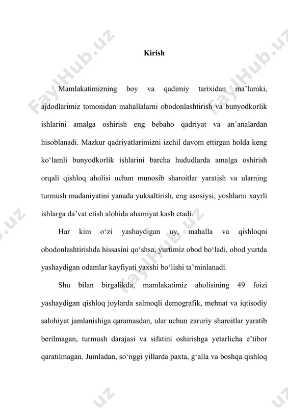 donlashtirish ishlariga faollar, keng jamoatchilik va fuqarolarni jalb qilishga yetarlicha e’tibor qaratilmayapti va aniq bir tizimli samarali ishlar olib borilmayapti. ayniqsa, mazkur ishlar sektor rahbarlari, mahalla fuqarolar yig‘inlari, xotin-qizlar qo‘mitalari va yoshlar ittifoqining hududiy bo‘g‘inlari e’tiboridan chetda qolgan va bu borada qat’iy tashabbuskorlik va muvofiqlashtirish yetishmaydi. yettinchidan, hududlarda an’anaviy bo‘lib qolgan hasharlarni faqatgina “xo‘ja ko‘rsin” uchun bayram kunlariga yaqin sanalarda yuzaki o‘tkazish odat tusiga aylanib qolgan.yuqoridagilardan kelib chiqqan holda, qishloq aholi punktlarining me’moriy qiyofasini tubdan yangilash, yo‘l-transport, muhandislik-kommunikatsiya infratuzilmasi hamda ijtimoiy soha ob’ektlarini barpo etish va shu asosda aholining turmush madaniyatini yuksaltirish va dunyoqarashini kengaytirish maqsadida: 1. belgilab qo‘yilsinki, joriy yilning 1 aprelidan boshlab respublikaning har bir tumani va shaharida, avvalambor, olis va tabiiy iqlim sharoiti og‘ir hududlarda 2018 yilda 2 tadan va kelgusi yillarda 3 tadan qishloq (mahalla)da aholining yashash sharoitlarini tubdan yaxshilash, turmush tarzi va darajasida sezilarli ijobiy o‘zgarishlarni ta’minlashga, mazkur qishloq (mahalla)larning qiyofasini zamonaviylashtirishga va unda istiqomat …