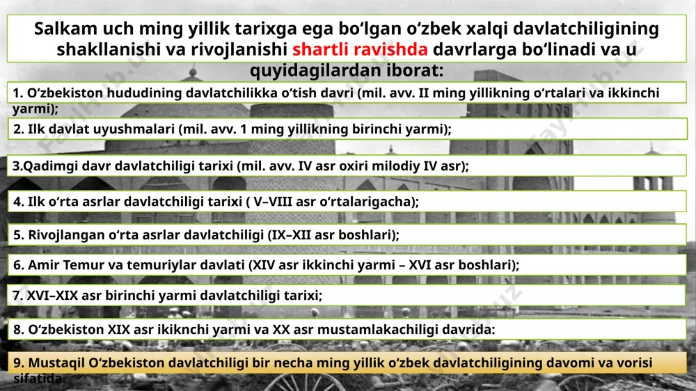 anchi chorvador aholi – toxarlar kirib kelgan. toxariylar kushonlarning avlodlari bo‘lgan. kidar ismli hukmdor boshchilik qilganligi uchun ularni kidariylar deb ham atashadi. kidariylar davlatning poytaxti balx shahri bo‘lgan eftallar v asr boshlarida o‘rta osiyo hududiga sharqdan kirib kelganlar. v asrning 20-yillaridan vi asrning 70-yillarigacha bo‘lgan davrda o‘rta osiyoda eftaliylar davlati faoliyat ko‘rsatgan. eftaliylar davlatining dastlabki poytaxti buxoro yaqinidagi poykant va varaxsha shaharlari, so‘ngra hindistondagi shakala shahri (hozirgi sialkat) bo‘lgan xuroson va movarounnahr arab xalifaligi davrida turk xoqonligi vi asr o‘rtalarida oltoy va janubiy sibirda yashagan turkiy qabilalarni birlashtirgan yangi davlat vujudga keldi. bu davlat tarixga turk xoqonligi nomi bilan kirgan. markazi oltoy bo‘lgan. davlat asoschisi 552-yilda “xoqon” deb e’lon qilingan bumin edi. turk xoqonligi vi asrning 80-yillari oxirlarida ikkiga: sharqiy turk xoqonligi va g‘arbiy turk xoqonligiga bo‘linib ketadi. g‘arbiy turk xoqonligining markaziy shaharlari: suyob (oq beshim), beshbaliq (turfan), jabg‘ukat (choch) va boshqalar muoviya i birinchi umaviy xalifa. 667-yilda arablar chag‘oniyonga …