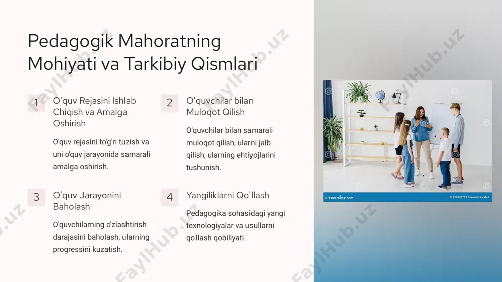 lar bilan samarali suhbat qurish, ularning fikrlarini rag'batlantirish. tanqid konstruktiv tanqid qilish, o'quvchilarni xatoliklaridan saboq olishga undash. 19 pedagogik mahorat va madaniyatni takomillashtirish omillari doimiy o'qish va o'rganish pedagogika sohasidagi yangiliklar bilan tanishish, o'z bilimlarini takomillashtirish. seminarlar va treninglar turli xil seminarlar va treninglarga qatnashish, amaliy tajriba orttirish. tajriba almashish boshqa o'qituvchilar bilan tajriba almashish, ularning tajribalaridan saboq olish. o'z-o'zini baholash o'z faoliyatini muntazam ravishda baholash, kamchiliklarni bartaraf etish. 20 pedagogik mahorat va madaniyatni shakllantirish jarayonlari 1 ta'lim va tarbiya universitet ta'limi, pedagogika sohasida bilimlarni o'zlashtirish. 2 amaliy tajriba o'quv jarayonida ishtirok etish, tajriba orttirish. 3 o'z uslubini shakillantirish shaxsiy pedagogik uslubini ishlab chiqish, o'ziga xos xususiyatlarni shakllantirish. 4 doimiy rivojlanish o'z bilimlarini va qobiliyatlarini doimiy ravishda takomillashtirish. 21 pedagogik mahorat va madaniyatni rivojlantirishning amaliy jihatlari samarali muloqot o'quvchilar bilan samarali muloqot qilish, ularning fikrlarini tinglash va rag'batlantirish. yangiliklarni qo'llash pedagogika sohasidagi yangi texnologiyalar va usullarni qo'llash. o'quvchilarning muvaffaqiyatini rag'batlantirish …