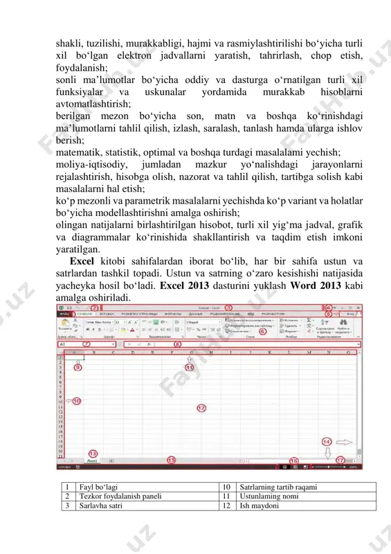 li ma’lumotlar bo‘yicha oddiy va dasturga o‘rnatilgan turli xil funksiyalar va uskunalar yordamida murakkab hisoblarni avtomatlashtirish; berilgan mezon bo‘yicha son, matn va boshqa ko‘rinishdagi ma’lumotlarni tahlil qilish, izlash, saralash, tanlash hamda ularga ishlov berish; matematik, statistik, optimal va boshqa turdagi masalalami yechish; moliya-iqtisodiy, jumladan mazkur yo‘nalishdagi jarayonlarni rejalashtirish, hisobga olish, nazorat va tahlil qilish, tartibga solish kabi masalalarni hal etish; ko‘p mezonli va parametrik masalalarni yechishda ko‘p variant va holatlar bo‘yicha modellashtirishni amalga oshirish; olingan natijalarni birlashtirilgan hisobot, turli xil yig‘ma jadval, grafik va diagrammalar ko‘rinishida shakllantirish va taqdim etish imkoni yaratilgan. excel kitobi sahifalardan iborat bo‘lib, har bir sahifa ustun va satrlardan tashkil topadi. ustun va satrning o‘zaro kesishishi natijasida yacheyka hosil bo‘ladi. excel 2013 dasturini yuklash word 2013 kabi amalga oshiriladi. 1 fayl bo‘lagi 10 satrlarning tartib raqami 2 tezkor foydalanish paneli 11 ustunlaming nomi 3 sarlavha satri 12 ish maydoni 4 dastur oynasini boshqarish tugmalari 13 sahifa …