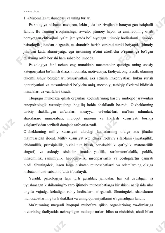ologiya fani turli guruhlar, jamoalar, har xil uyushgan va uyushmagan kishilarning?o`zaro ijtimoiy munosabatlarga kirishishi natijasida ular ongida vujudga keladigan ruhiy hodisalarni o`rganadi. shuningdek, shaxslararo munosabatlarning turli shakllari va uning qonuniyatlarini o`rganadigan fandir. ma`ruzaning maqsadi huquqni muhofaza qilish organlarining xo-dimlariga o`zlarining faoliyatida uchraydigan muloqot turlari bilan ta-nishtirish, aholi bilan bo`ladigan muloqotda ularning talab va istaklari-ni hisobga olgan holda muioqotga kirishish yo`llarini o`rgatishdan iborat. vazifasi esa muloqotning turlariga tavsif berish va mohiyatini ochib berishdan iboratdir. ushbu ma`ruzadan ko`zlangan maqsad, huquqni muhofaza qilish organlari faoliyatidagi kasbiy muloqot va ijtimoiy idrokning alohida tarkibiy qismlari bilan yaqindan tanishib chiqish hisoblanadi. bundan lashqari, muloqotning qonuniyatlari, mexanizmlari, turlarini o`rganish va psixologik jihatdan tahlil qilishdan iboratdir. muloqot ijtimoiy-psixologikhodisa bo `lib, uning o`z o`mi va aha-miyati mavjud. muloqot odamlar o `rtasida birgalikdagi faoliyat eh-tiyojlaridan kelib chiqadigan bog`lanishlar rivojlanishining ko`p t/irrali jarayonidir. muloqot birgalikda faoliyat ko `rsatuvchilar o `rta​sida axborot ayriboshlanishini o `z ichiga oladi. shaxslar munosobat- kirishar ekan, eng …