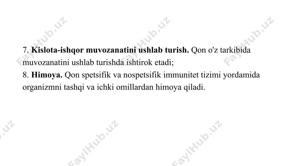 lobin kislorod bilan birikmaydi. qon tarkibida metgemoglobinni ortiqcha to`planishi kislorodni to`qimalarga tashilishini izdan chiqaradi, bu esa o`limga olib keladi. organizmda har kuni gemoglobinning 0,5% i metgemoglobinga aylanadi, buning samarasida kislorodni faol shakllaridan biri – superoksid ioni hosil bo`ladi. metgemoglobinreduktaza metgemoglobinni qaytadan normal gemoglobinga aylantiradi. tibbiyot amaliyotida metgemoglobinreduktazani faolligini irsiy pasayishi natijasida vujudga keladigan oilaviy metgemoglobinemiya kasalligi uchraydi. ushbu holat pentozofosfat yo`lining birinchi fermenti glyukozo-6- fosfatdegidrogenaza faolligini irsiy past bo`lishi tufaylidir. mazkur sifatdagi odamlarni oksidlovchi moddalar ta’siriga sezgirligi ko`proq. neytrofillar himoya vazifasini bajaradi. ular antimikrob xususiyatiga, shuningdek, halok bo`lgan mikroorganizmlarni, zararlangan to`qima bo`laklarini yutish va parchalash xossalariga ega. neytrofillar hujayralarda oqsil biosintezi amalga oshishida muhitning o`zgaruvchan sharoitiga moslasha oladilar. hujayra funktsiyalarini energetik ta’minoti - glikoliz miqdori oksidlanishli fosforlanish yo`li bilan amalga oshadi. hujayralar tomonidan yutilgan glyukoza pentozofosfatli siklda parchalanadi va glikogen sintezida ishtirok etadi. neytrofillarni antimikrob xususiyati ular tarkibida h202 hosil qiluvchi (miyelinperoksidaza) va superoksidli radikal (nadfh – oksidaza) hisobiga amalga …
