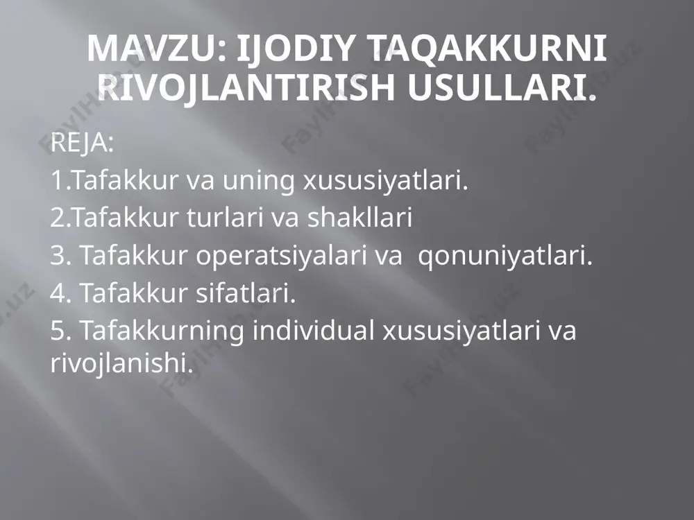 ashda bizlarga tafakkur yordam beradi. avvalambor, tafakkur yuksak darajadagi bilish psixik jarayoni hisoblanadi. ushbu jarayonning mohiyati inson tomonidan voqelikning faol ijodiy aks ettirish va o‘zgartirishdan iborat. tafakkur bevosita idrokda anglaymaydiganlarni ochib beradi; u olamni ahamiyatli aloqalar va munosabatlarda, uning turli xildagi vositalarida aks ettiradi. tafakkurning asosiy vazifasi real bog‘liqliklarga asoslangan zarur aloqalarni vaqt va fazodagi tasodifiy mos kelishlardan ajratgan holda aniqlashdan iborat. tafakkur jarayonida tasodifiydan zaruratga, ayrimlikdan umumiylikka o‘tish sodir bo‘ladi. tafakkur turlari: tafakkur, odatda, nazariy va amaliy tafakkurlarga bo‘linadi. nazariy tafakkurda tushunchali va obrazli tafakkur, amaliy tafakkurda esa –ko‘rgazmali-obrazli va ko‘rgazmali-harakatli tafakkur ajratiladi. tushunchali tafakkur – bu ma’lum tushunchalar qo‘llaniladigan tafakkur. u yoki bu aqliy masalalarni echishda boshqa odamlar tomonidan aniqlangan va tushunchalar, mulohazalar, xulosalar shaklida ifodalangan tayyor bilimlardan foydalanamiz. obrazli tafakkur – bu obrazlar yordamida mulohaza yuritish jarayonining bir turi. ular xotiradan olinadi yoki tasavvurda hosil qilinadi. ko‘pincha tafakkurning bu turi badiiy ijodkorlik faoliyati bilan shug‘ullanuvchi odamlarda ustun …