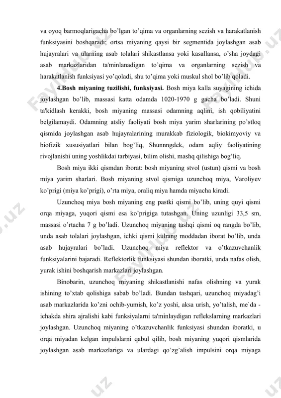 qolishiga sabab bo’ladi. bundan tashqari, uzunchoq miyadag’i asab markazlarida ko’zni ochib-yumish, ko’z yoshi, aksa urish, yo’talish, me`da - ichakda shira ajralishi kabi funksiyalarni ta'minlaydigan rеflеkslarning markazlari joylashgan. uzunchoq miyaning o’tkazuvchanlik funksiyasi shundan iboratki, u orqa miyadan kеlgan impulslarni qabul qilib, bosh miyaning yuqori qismlarida joylashgan asab markazlariga va ulardagi qo’zg’alish impulsini orqa miyaga o’tkazadi. uzunchoq miyannng shikastlanishi uning o’tkazuvchanlik funksiyasini buzilishiga, ya'ni ortsa va bosh miya o’rtasidagi aloqa uzilishiga olib kеladi. miyacha bosh miya yarim sharlari ensa bo’lagining ostida joylashgan, massasi 150 g. uning ikkita yarim sharlari va ular o’rtasida chuvalchangsimon qismi bor. miyacha tashqi tomondan kulrang modda bilan qoplangan bo’lib, u kichik egat va pushtlarga bo’lingan. kulrang modda asab hujayralari to’plamidan tashkil topgan. miyachaning ichki qismida oq modda joylashgan bo’lib, u asab tolalaridan iborat. yuqoridagilardan ko’rinib turibdiki, miyachaning tuzilishi va gaakli bosh miya yarim sharlariga o’xshash bo’ladi. u uch juft: yuqorigi, o’rta va pastki oyoqcha yordamida orqa miya; uzunchoq …