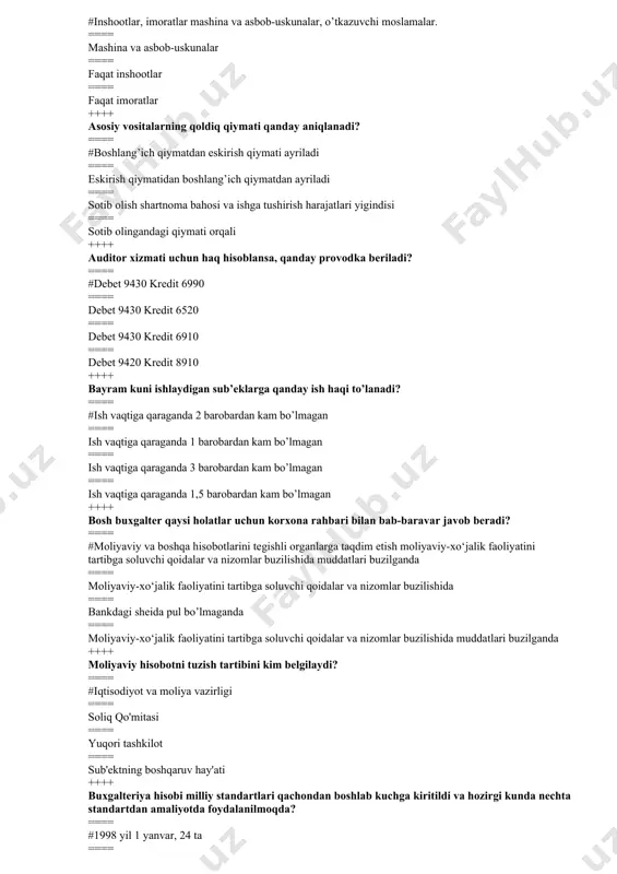 i buzilganda ==== moliyaviy-xo‘jalik faoliyatini tartibga soluvchi qoidalar va nizomlar buzilishida ==== bankdagi sheida pul bo’lmaganda ==== moliyaviy-xo‘jalik faoliyatini tartibga soluvchi qoidalar va nizomlar buzilishida muddatlari buzilganda ++++ moliyaviy hisobotni tuzish tartibini kim belgilaydi? ==== #iqtisodiyot va moliya vazirligi ==== soliq qo'mitasi ==== yuqori tashkilot ==== sub'ektning boshqaruv hay'ati ++++ buxgalteriya hisobi milliy standartlari qachondan boshlab kuchga kiritildi va hozirgi kunda nechta standartdan amaliyotda foydalanilmoqda? ==== #1998 yil 1 yanvar, 24 ta ==== 1996 yil 1 yanvar, 23 ta ==== 1997 yil 30 avgust, 23 ta ==== 1998 yil 27 fevral, 21 ta ++++ byudjet bilan hisoblashishlar qaysi schyotda olib boriladi? ==== #6410 ==== 2310 ==== 9420 ==== 6510 ++++ daromad solig'i byudjetga o'tkazib berildi. ==== #debet 6410 kredit 5110 ==== debet 6410 kredit 5010 ==== debet 6510 kredit 5110 ==== debet 6710 kredit 5110 ++++ daromad solig'idan imtiyozlar nimani ko’zda tutadi? ==== #soliqdan to’laligicha ozod etilish, qisman soliq miqdorini …