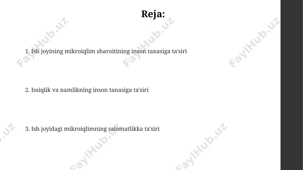 i orasida terlashning to'xtab qolishi, tez nafas olish, bosh aylanishi va ko'ngil aynishi kabi 4 ta asosiy simptom mavjud. issiqlik zarbasi bilan kasallangan kishilarning taxminan 20% dan ortig'i shifoxonaga yotqiziladi va intensiv terapiya talab qiladi. issiqlik zarbasi tana haroratini 40°c dan yuqori ko'tarishi mumkin, bu esa organlarning shikastlanishiga va hatto o'limga olib kelishi mumkin. vibratsiyaning ta'siri doimiy tebranishlar, 10 hz dan yuqori chastotalarda, qo'l-qo'l va butun tanada mushaklarning charchoqqa uchrashini va 20% gacha ish unumdorligining pasayishini keltirib chiqarishi mumkin. uzoq muddatli ta'sir natijasida, 2-3 mm amplitudali tebranishlar, hatto past chastotalarda ham, umurtqa pog'onasiga shikast yetkazishi va osteoxondroz rivojlanishiga olib kelishi mumkin. 50 hz dan yuqori chastotali tebranishlar ichki organlarga, ayniqsa, qorin bo'shlig'iga salbiy ta'sir ko'rsatib, qorin og'rig'i va bosh aylanishi kabi noxush hislarni keltirib chiqarishi mumkin. yorug'likning ta'siri yorug'likning intensivligi 500-1000 luks oralig'ida bo'lishi ko'zning charchoqini kamaytiradi va ish samaradorligini oshiradi, aks holda ko'rish qobiliyati pasayishi va bosh og'rig'i kuzatilishi …