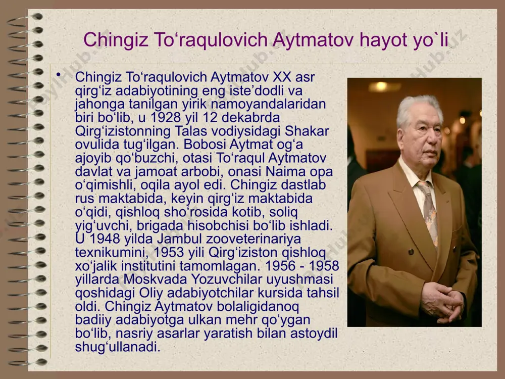 lvido, gulsari») so‘ng qirg‘iz tiliga o‘girildi. asarlari; «yuzma-yuz», «sarvqomat dilbarim», «somon yo‘li» (1963), «momo yer», «alvido gulsari» (1966), «oq kema», «sohil yoqalab chopayotgan olapar» (1977), «hoshim», «gazetachi dzyuydo», «oq yomg‘ir», «sepoyachi», «qiyomat» (1986, qahramonlari: ober-kandalov, iso, avdiy, pontiy pilat, iuda, grishan, bozorboy, ko‘chqorboev, guram juxadze, bo‘ston, sandro va boshq.), «birinchi muallim» (1962), «asrga tatigulik kun», «kasandra tamg‘asi» (1990), «erta qaytgan turnalar» va boshq. «oq kema» qissasi haqida bu qissa 1970 iilda yozitgan bo‘lib, 7 qismdan iborat. asar qahramonlari kuyidagilar: mo‘min chol (u asarda «juda qartayib qolgan, yakkayu yolg‘iz o‘g‘li urushda halok bo‘lgan, umr bo‘yi bir yostiqqa bosh qo‘yib yotgan xotinidan ajralgan, eng katta baxtsizligi - uning qizlariga baxt kulib boqmagan» deya ta’riflangan), o’razqul, bekey, bola (baliq bola uchun erk va qudrat ramzi edi) va boshq. «e bo‘tam, hofizlar hamdu sano o‘qishda bahslashsa - qanday yaramaslik, ular qo‘shiqchidan qo‘shiq kushandasiga aylanishadi. ... e, bo‘tam, qadimgi odamlardan kolgan gap bor: «boylik - …