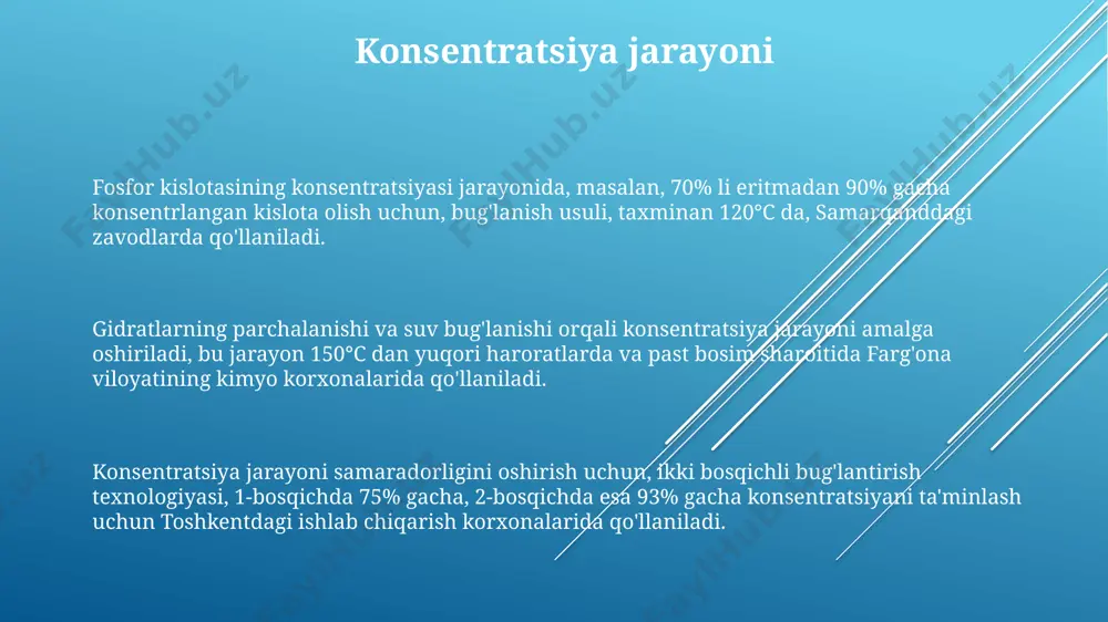 ishlab chiqarishning iqtisodiy samaradorligi energiya sarfini 15% ga qisqartirish orqali, samarqand viloyatidagi zavod uchun yillik 10 million kvt/soat energiya tejalishi va atrof-muhitga kamroq ta’sir ko‘rsatiladi. fosfor kislotasini yarim hidrat usuli bilan ishlab chiqarishda xom ashyo narxining 20% ga kamayishi, o'zbekiston sharoitida yillik 50 million dollar tejashga olib keladi. mahsulot sifatining yaxshilanishi va chiqindilar miqdorining 10% ga kamayishi natijasida, qashqadaryo viloyatidagi korxonalar uchun yillik 3 million dollar daromad ko'payishi kuzatiladi. xulosa va tavsiyalar жанубий африкадаги фосфор кислотаси ишлаб чиқариш заводлари тажрибаси кўрсатишича, яримгидрат усулидаги технологик жараёнда 3% дан кам миқдордаги нотозаликларга йўл қўйиш муҳимдир, бу эса маҳсулот сифатини оширади. фосфор кислотасини яримгидрат усулида ишлаб чиқаришда 90% дан юқори самарадорликка эришиш учун, navoiy фосфорит конларидан олинган хом ашёнинг сифатини қатъий назорат қилиш ва 150-200°c температура режимини сақлаш муҳимдир. яримгидрат усулида 1 тонна фосфор кислотасини олиш учун тахминан 2,5 тонна фосфат рудаси ва 1,5 тонна кукирт кислотаси керак бўлиб, бу кўрсаткичлар qozog'iston ва …