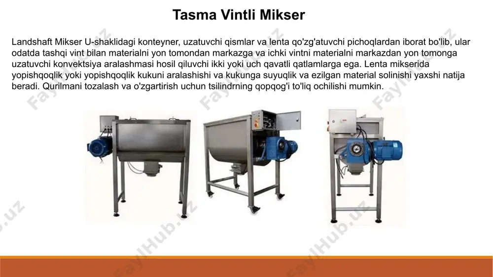 a ega: lenta sanoat kukuni aralashtirgich / tasma blender / kukunni aralashtirish mashinasi tashqi spiral, material konvektiv aralashmani olish uchun materialni yon tomondan tankning markaziga va ichki vintli konveyerni materialni markazdan yon tomonlarga siljitadi. bo'shatish teshigi: pnevmatik valfni boshqarish uchun tushirish teshigi aralashganda hech qanday moddiy birikma va o'lik burchaksiz suyuq mikser aralash idishi, aralashtirgich va boshqalar sifatida ishlatiladi. oziq-ovqat, sut mahsulotlari, mevali sharbatli ichimliklar, dorixona, kimyo sanoati va biologik muhandislik kabi sohalarda juda yaxshi. tavsif u 3 qatlamga bo'linishi mumkin, ichki qatlam sizning sut, sharbat yoki boshqa suyuq mahsulot kabi xomashyo bilan aloqa qilish qismidir ... ichki qatlamdan tashqarida, bug 'yoki issiq suv / sovutish suvi uchun isitish / sovutish ko'ylagi mavjud. keyin tashqi qobiq keladi. tashqi qobiq va ko'ylagi o'rtasida 50 mm qalinlikdagi haroratni saqlovchi qatlam mavjud. u ichimliklar, oziq-ovqat, sut mahsulotlari, farmatsevtika, kimyo va texnologik sohalarda keng qo'llaniladi.bizning yuqori tezlikda aralashtirish tanki mijozning' tuzilishga, bir qavatli, ikki …