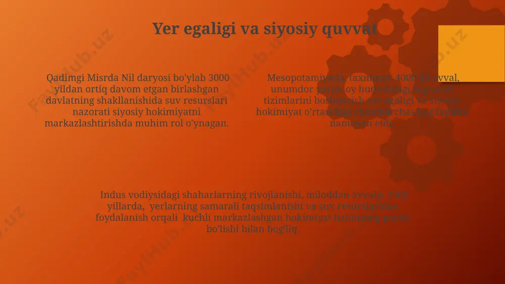 ni zaiflashtirib, ijtimoiy tartibsizliklar va davlatning qulashiga sabab bo'lgan. 30% ga yaqin aholi qurg'oqchilikdan jabr ko'rgan. qadimgi misrda nil daryosining toshqini yillik rejimining buzilishi, taxminan 15% ga kamayishi, bir qancha fir'avnlar davrida qattiq ocharchilik va noroziliklarga, hokimiyatning zaiflashishiga olib keldi. 1000-yildan ortiq vaqt davomida amudaryo havzasida yuz bergan kuchli zilzilalar va sel toshqinlari natijasida xorazm davlati 2 marta deyarli butunlay vayron bo'lgan, bu esa uning siyosiy barqarorligiga jiddiy tahdid solgan. yer va suv munosabatlari tarixiy tahlili qadimgi misrda nil daryosining toshqini va uning hosildorligi, 30 ta nomdan ortiq nom bilan atalgan nomlar va markazlashgan hukumatning shakllanishi oʻrtasida bevosita bogʻliqlik mavjud edi. indus vodiysidagi mohenjo-daro va harappa shaharlari taxminan 2600 miloddan avvalgi davrda, suv ta'minoti va drenaj tizimlarining murakkabligi ularning ijtimoiy va siyosiy tuzilmalari bilan bogʻliq edi. miloddan avvalgi 3000 yillar davomida mesopotamiya vodiysidagi suv resurslarini nazorat qilish, shu jumladan, daryo va kanallarni boshqarish, shahar-davlatlarning birlashishi va kuchli imperiyalar paydo boʻlishiga …