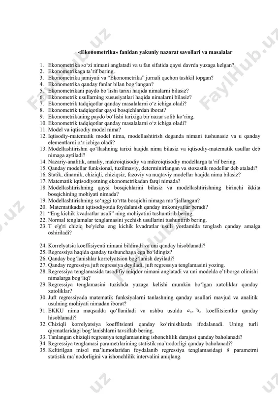 ing qaysi bosqichlarini bilasiz va modellashtirishning birinchi ikkita bosqichining mohiyati nimada? 19. modellashtirishning so‘nggi to‘rtta bosqichi nimaga mo‘ljallangan? 20. matematikadan iqtisodiyotda foydalanish qanday imkoniyatlar beradi? 21. “eng kichik kvadratlar usuli” ning mohiyatini tushuntirib bering. 22. normal tenglamalar tenglamasini yechish usullarini tushuntirib bering. 23. t o'g'ri chiziq bo'yicha eng kichik kvadratlar usuli yordamida tenglash qanday amalga oshiriladi? 24. korrelyatsia koeffisiyenti nimani bildiradi va uni qanday hisoblanadi? 25. regressiya haqida qanday tushunchaga ega bo‘ldingiz? 26. qanday bog‘lanishlar korrelyatsion bog‘lanish deyiladi? 27. qanday regressiya juft regressiya deyiladi, juft regressiya tenglamasini yozing. 28. regressiya tenglamasida tasodifiy miqdor nimani anglatadi va uni modelda e’tiborga olinishi nimalarga bog‘liq? 29. regressiya tenglamasini tuzishda yuzaga kelishi mumkin bo‘lgan xatoliklar qanday xatoliklar? 30. juft regressiyada matematik funksiyalarni tanlashning qanday usullari mavjud va analitik usulning mohiyati nimadan iborat? 31. ekku nima maqsadda qo‘llaniladi va ushbu usulda koeffitsientlar qanday hisoblanadi? 32. chiziqli korrelyatsiya koeffitsienti qanday ko‘rinishlarda ifodalanadi. uning turli qiymatlaridagi bog‘lanishlarni …