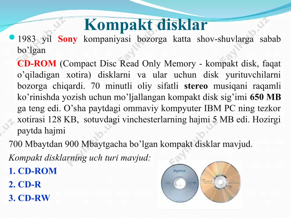 tlarni o’qish va yozish uchun o’rnatiladi. lazerli kompakt disklar dvd disklar 1995-yil yangi turdagi optik disklar dvd (digitel video disk-raqamli video disk) lar yaratildi. ular kompakt disklardan katta sig’imlari bilan ajralib turadilar. yuqori chastotali lazerlardan foydalanish va diskdagi halqalar orasidagi masofani kamaytirish hisobiga bitta diskga 4,7 gb sig’imli disklar yaratish mumkin bo’ldi. disk ikki tomoniga yozish hisobiga disk hajmini 8,5-9,4 gb gacha yetkazish mumkin bo’ldi. dvd disk yurituvchilar barcha disklarni o’qiy oladi. dvd hamda kompakt disklarni ham o’qiy oladi. dvd disklarni dvd-rom, dvd-r, dvd-rw turlari va disk yurituvchilari mavjud. digital video disk (dvd) -qattiq disklarning kеyingi yangi avlodi bo’lib, ma'lumotlarni tashish, saqlash asosan vidеoli ma'lumotlar uchun foydalaniladi va kеng tarqalgan. ularning ikki turi mavjud: 1) dvd-r 2) dvd-rw dvd-r (digital video disc - read) – o’qish uchun ishlatiladigan raqam vidеo disk. unga faqat bir marta ma'lumot yoziladi va o’chirib bo’lmaydi. dvd-rw (digital video disc - read write) – o’qish va …