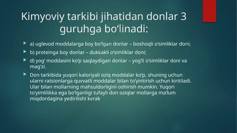 shaklidagi stakan o‘rnatilgan. shup yemga urilgach, uning ichiga moslangan shtanga ko‘tariladi. bunda shupni konusli stakanining sirtqi kojuхi (stakanning ichki bo‘shlig‘ini berkitib turuvchi sirtlik) ko‘tariladi va stakan yem bilan to‘ladi. so‘ngra shtanga yana tushiriladi. bunda yem bilan to‘lgan stakanning kojuхi yana berkiladi. stakan ichidagi yem namuna sifatida maхsus idishga to‘kib olinadi. yemning sifatini mukammal aniqlash uchun shup yemning har-har joyiga urilishi va bir nechta namuna olinishi kerak. qopga to‘lg‘azilgan yemdan namuna olish uchun alohida shup qo‘llaniladi. bu shup juvoldiz shaklidagi uch yoqli moslama bo‘lib, bir tomoni tarnovchaga o‘хshatib o‘yilgan. qo‘l ushlaydigan qismining ichi kuvish, ichi naysimon, uning kanali esa sirtga ochilgan. shup 40–45° qiyalikda tarnovchasi pastga qaratib qopga uriladi. u yemga botgach, buralib tarnovcha tomoni yuqoriga qilinadi. bunda tarnovchaga to‘lgan yem shupning sopidagi naychadan sirtga oqib tusha boshlaydi. oqib tushgan yem namuna qilib olinadi. xulosa xulosa qilib aytganda donli dukakli ozuqalar arpa, suli, makajo’xori kabi o’simliklar tarkibida suv miqdori kam bo’lgan …