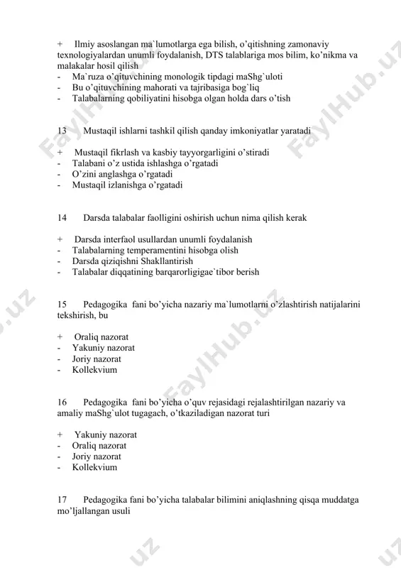 qotlarni, turli xildagi metodikalarni muhokama qiladilar bu fikr seminarning qaysi turiga tegishli + bahs–munozara seminar mashg`uloti - amaliy va bahs–munozara seminar mashg`uloti - amaliy seminar mashg`ulot - konferensiya – seminar 22 matnning qisqacha g`oyasini keltirish, bu + tezis - konspektlashtirish - sitata - anotatsiya 23 qo’yilgan ma`lumotlarga nisbatan shaxsiy fikrni qisqacha qayd etish, bu + retsenziyalash - tezis - sitata - anotatsiya # bir muammo yuzasidan turli mualliflarning izlanishlari, qarashlarini qiyosiy tahlilini amalga oshirish, bu + g`oyalar matritsasi - mavzuli tezaurus - sitata - tezis 24 faoliyatning dialogik shakli bo’lib, turli fikrlar orasida boradigan shiddatli kurashni, suhbatni yuzaga keltirish, bu + bahs - aqliy hujum - evristik suhbat - interfaol o’qitish usuli 25 guruhlarda vujudga keladigan turli vaziyatlarni o’rgatuvchi hisoblanadi va o’quvchilar uchun to’la real vaziyat sifatida namoyon bo’ladi, o’z faoliyati natijasiga javobgarlik bilan harakat qilishi kerak, bu o’qitish usuli + trening - davra stoli - evristik suhbat - aqliy …
